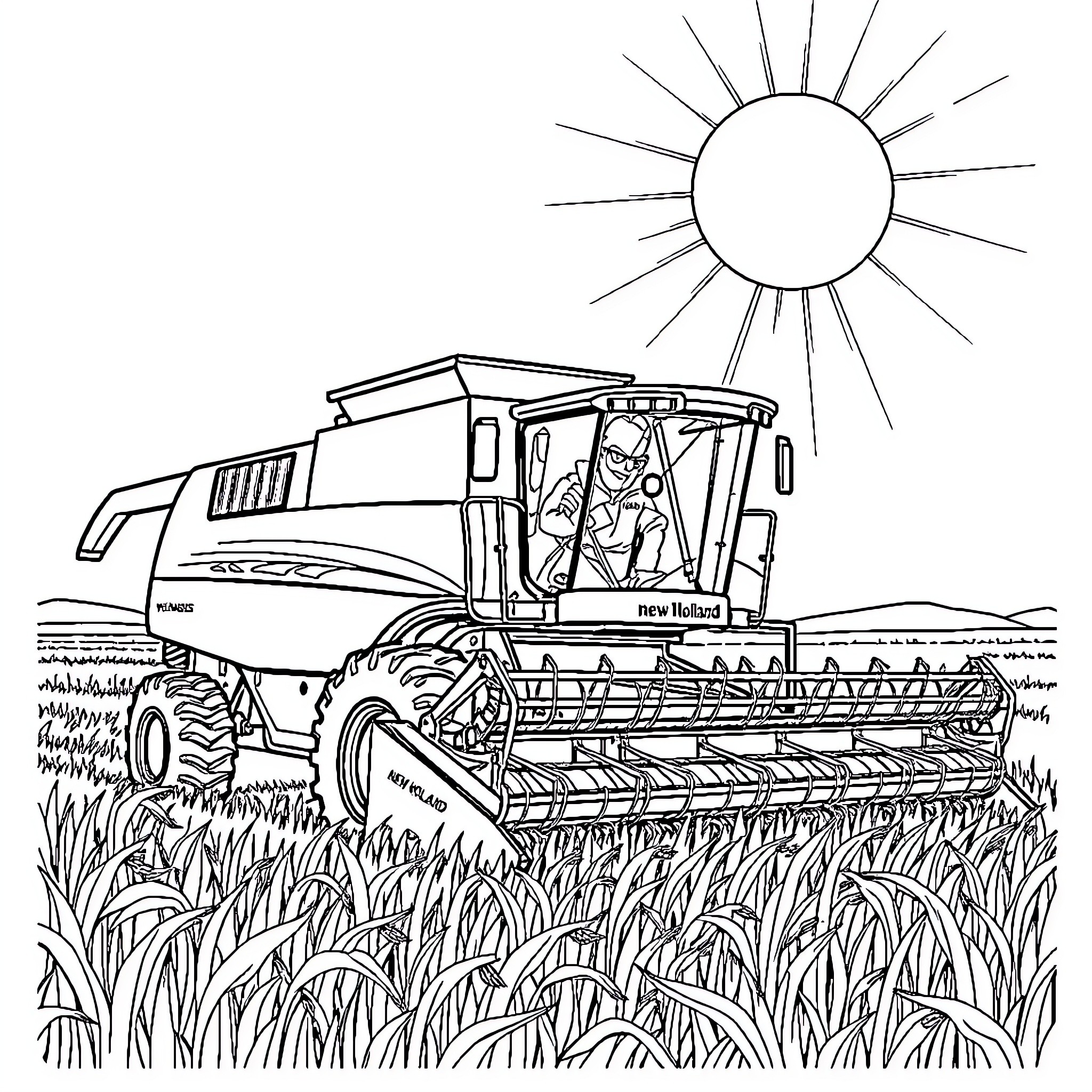 Harvesting Machine at Work in the Field Coloring Page (free black-and-white line drawing printable PDF for all, from beginners to advanced learners, including children, teens, adults, and seniors)