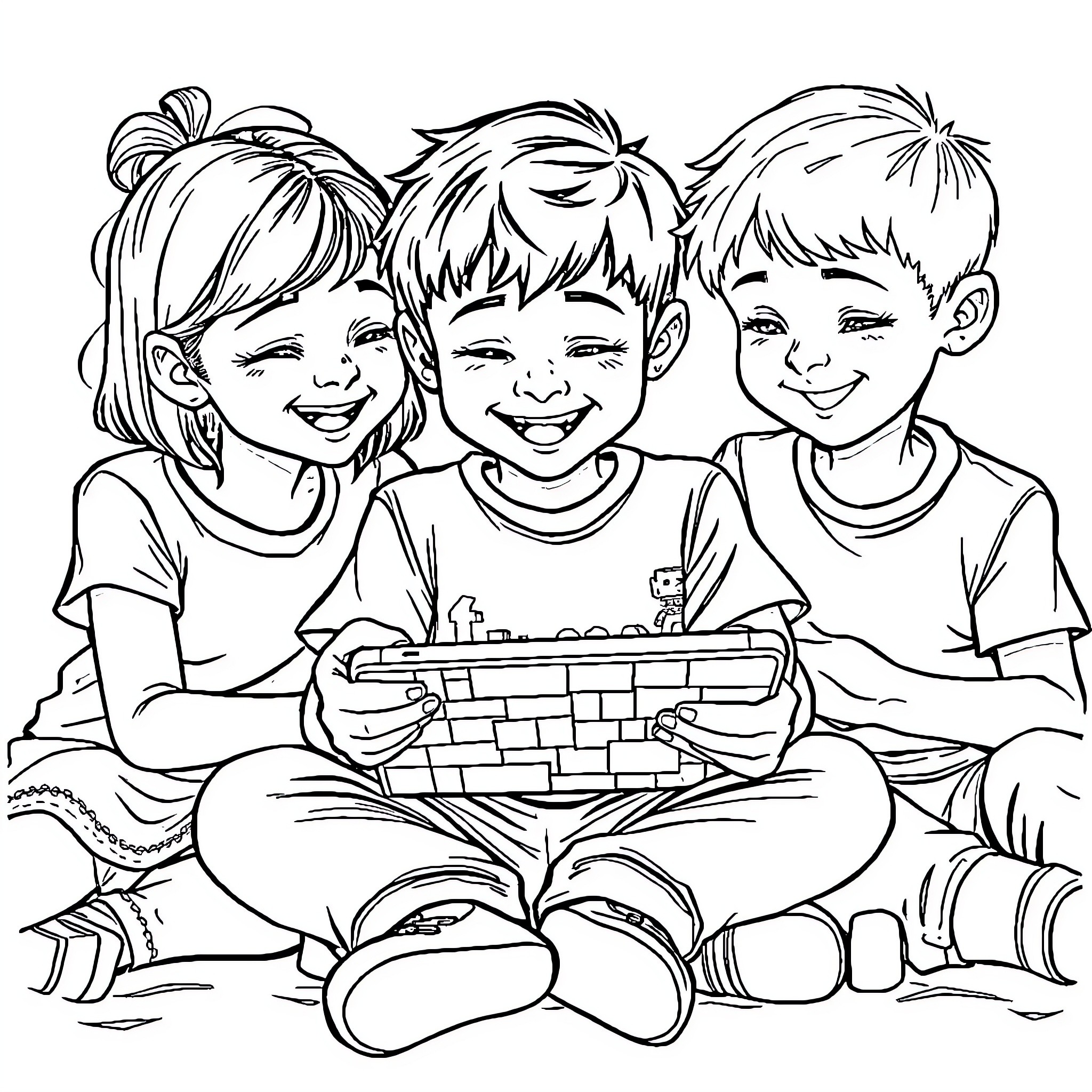 Boy playing with friends in the park Coloring Page (free black-and-white line drawing printable PDF for all, from beginners to advanced learners, including children, teens, adults, and seniors)