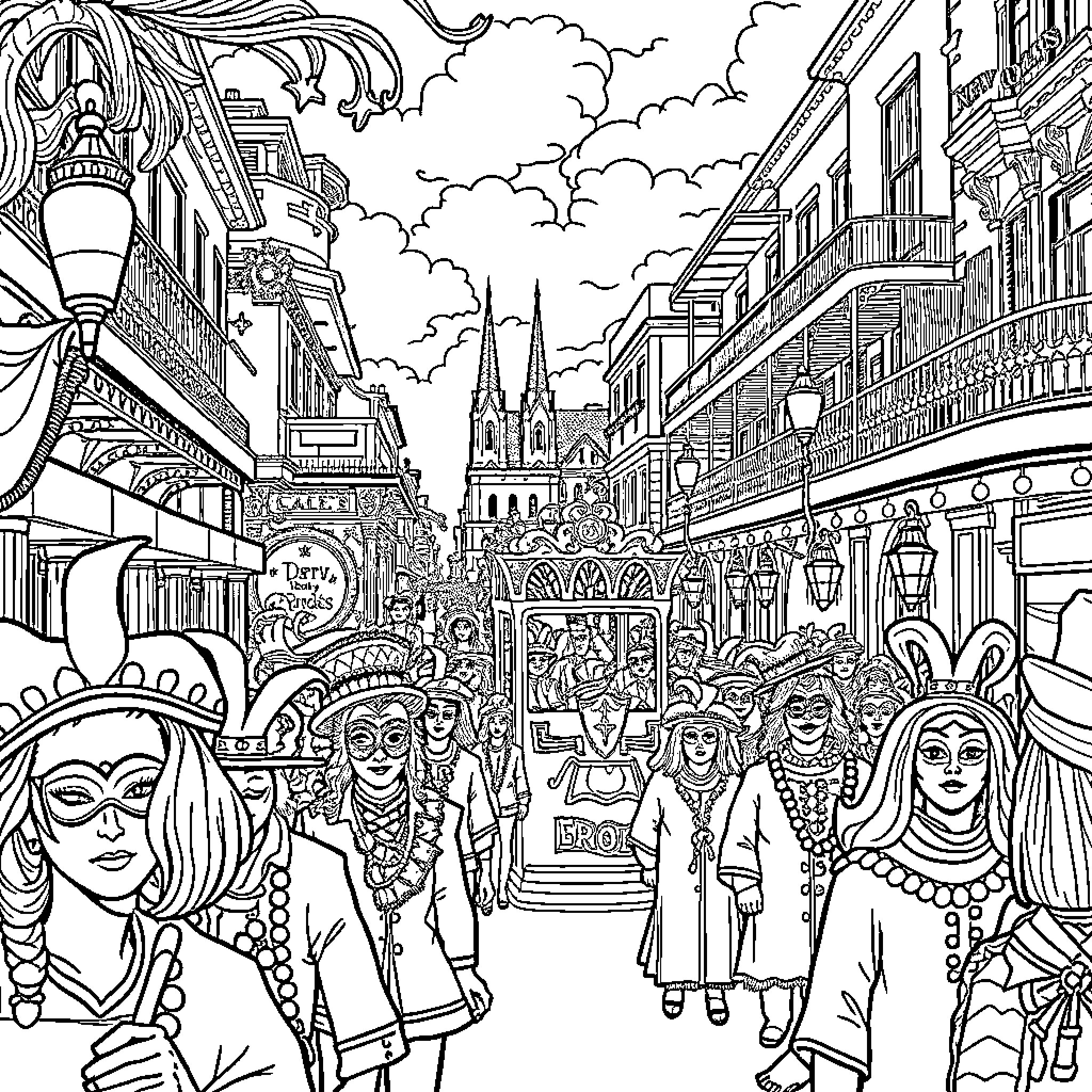 Mardi Gras Celebration in the City Streets Coloring Page (free black-and-white line drawing printable PDF for all, from beginners to advanced learners, including children, teens, adults, and seniors)