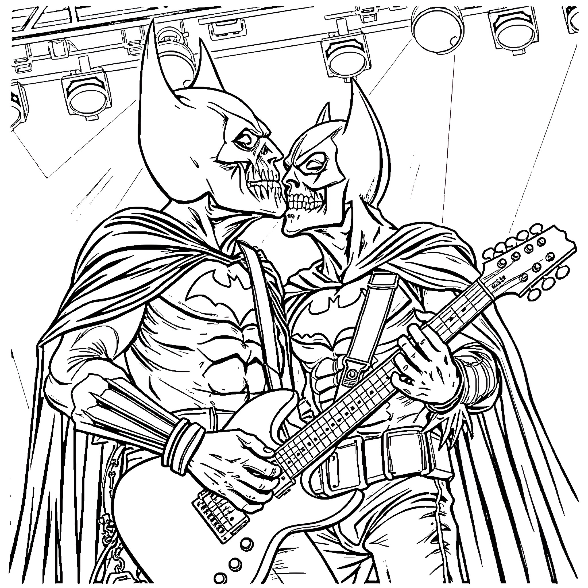 Eddie's Rocking Gothic Superhero Performance Coloring Page (free black-and-white line drawing printable PDF for all, from beginners to advanced learners, including children, teens, adults, and seniors)