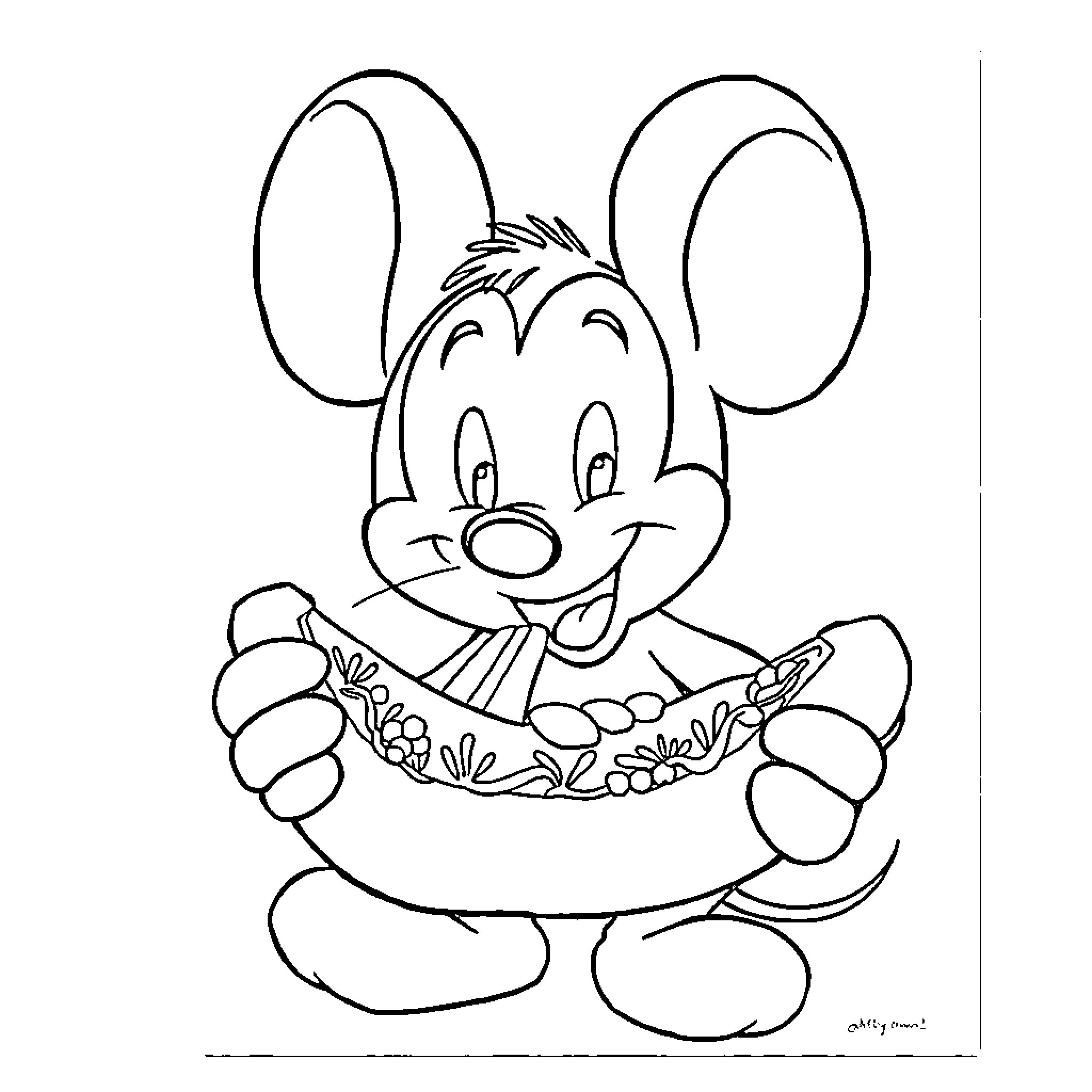 Mickey Mouse Enjoying a Colorful Snack Coloring Page (free black-and-white line drawing printable PDF for all, from beginners to advanced learners, including children, teens, adults, and seniors)
