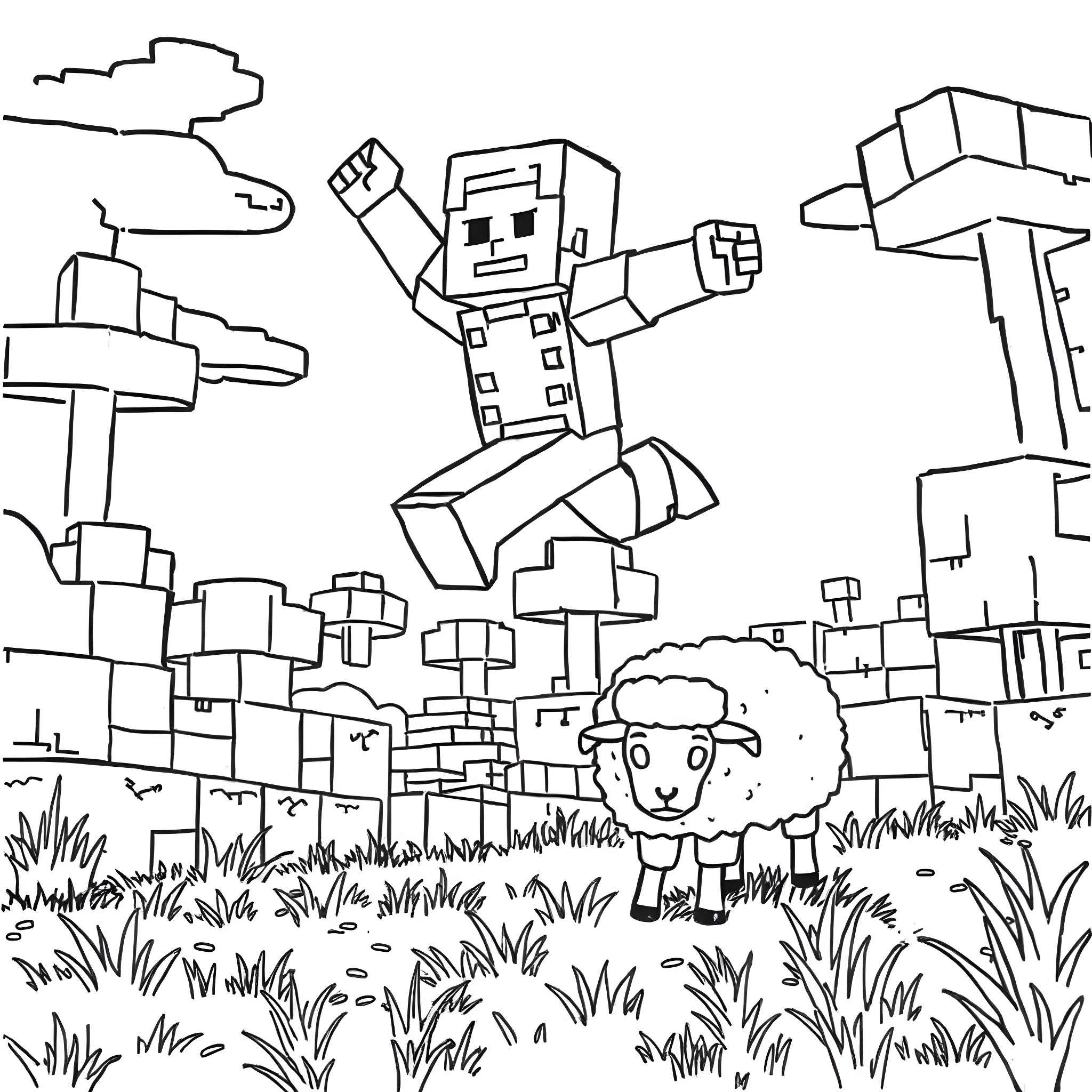 Minecraft character exploring a blocky landscape with a sheep Coloring Page (free black-and-white line drawing printable PDF for all, from beginners to advanced learners, including children, teens, adults, and seniors)