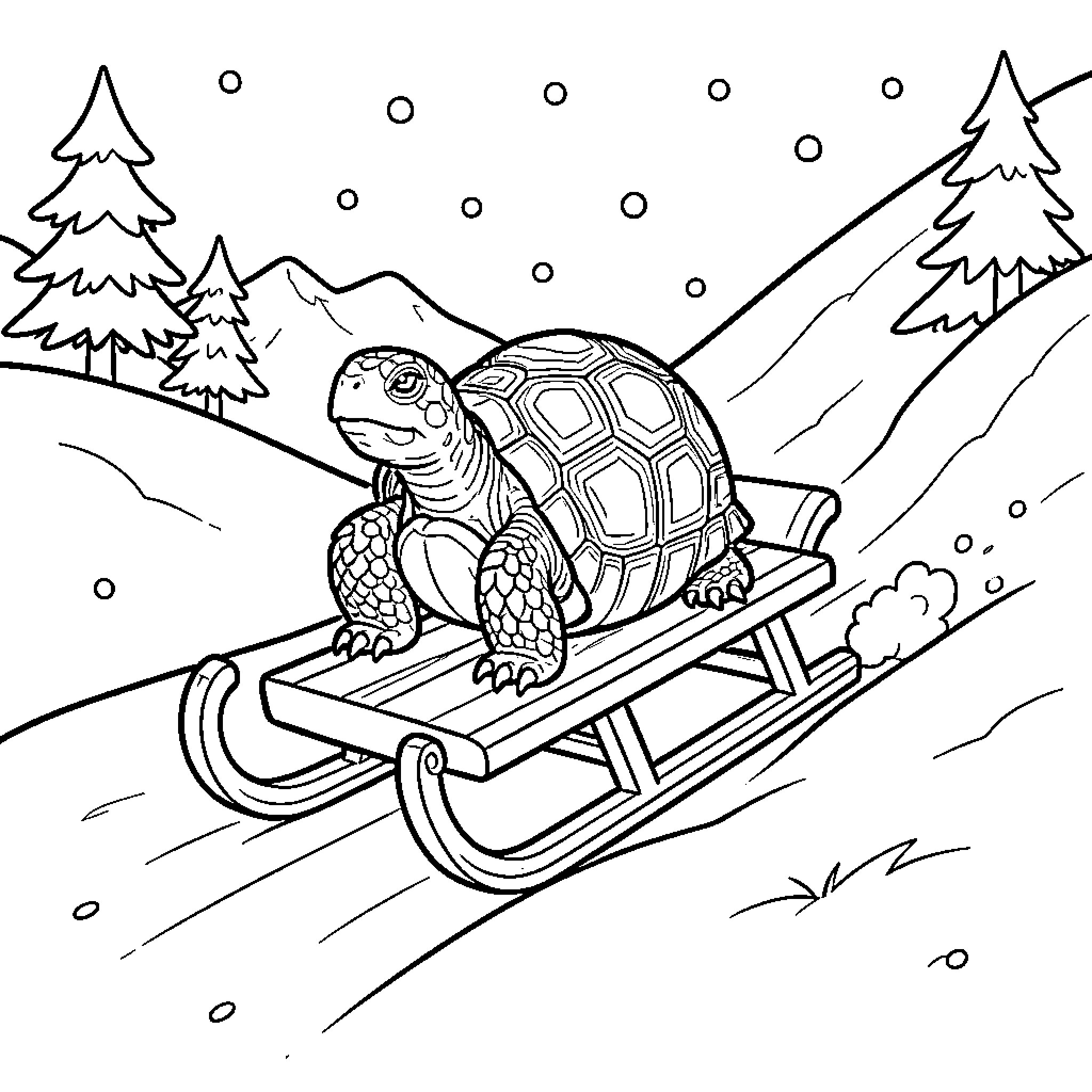 Turtle riding a wooden sled through a snowy landscape Coloring Page (free black-and-white line drawing printable PDF for all, from beginners to advanced learners, including children, teens, adults, and seniors)