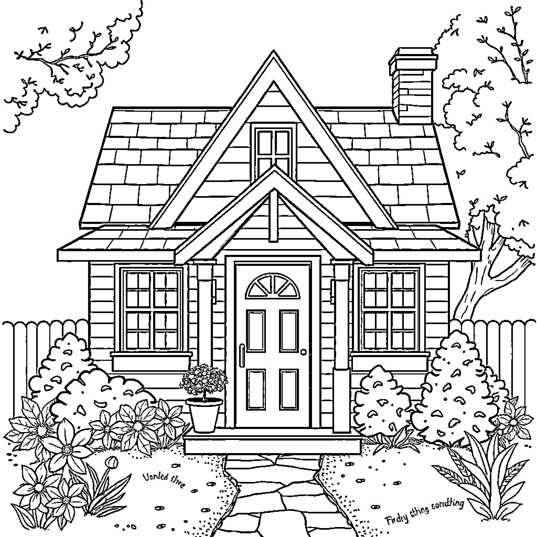 House with Decorative Roof and Flower Garden Coloring Page (free black-and-white line drawing printable PDF for all, from beginners to advanced learners, including children, teens, adults, and seniors)