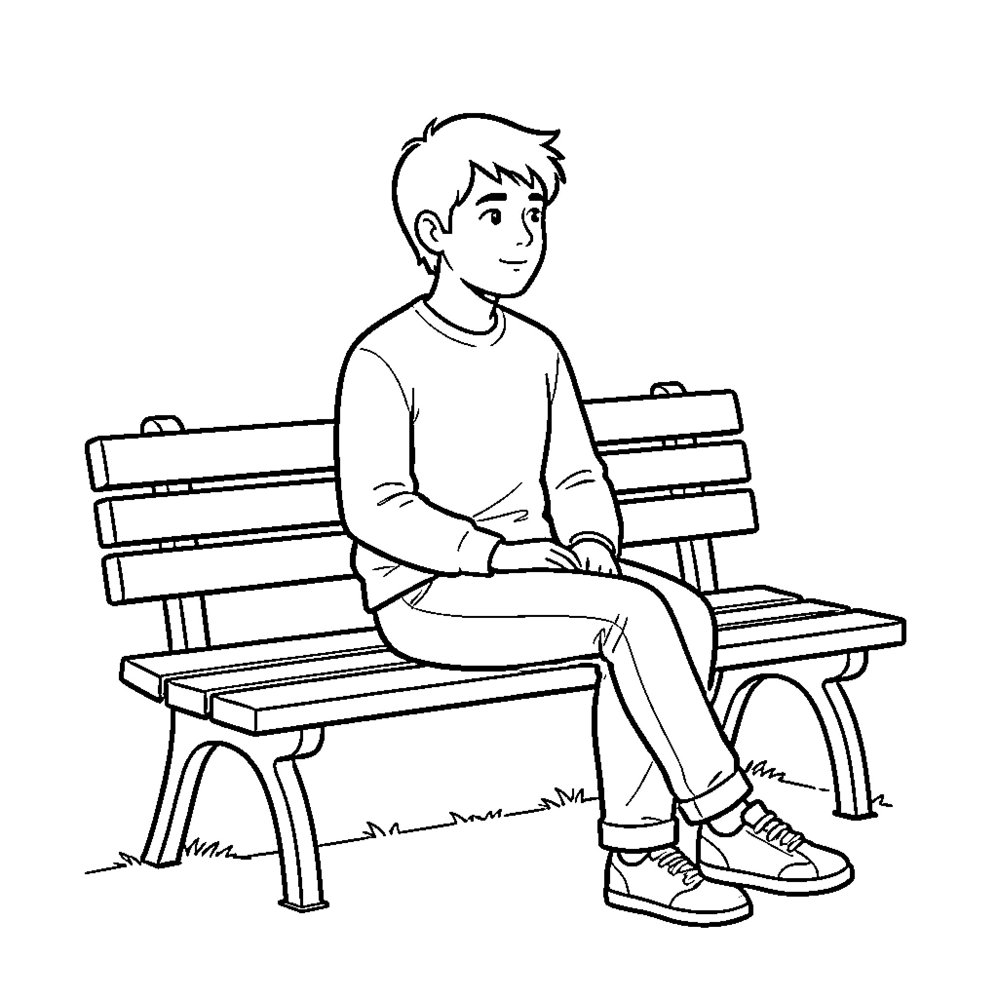 Person sitting alone on a park bench Coloring Page (free black-and-white line drawing printable PDF for all, from beginners to advanced learners, including children, teens, adults, and seniors)