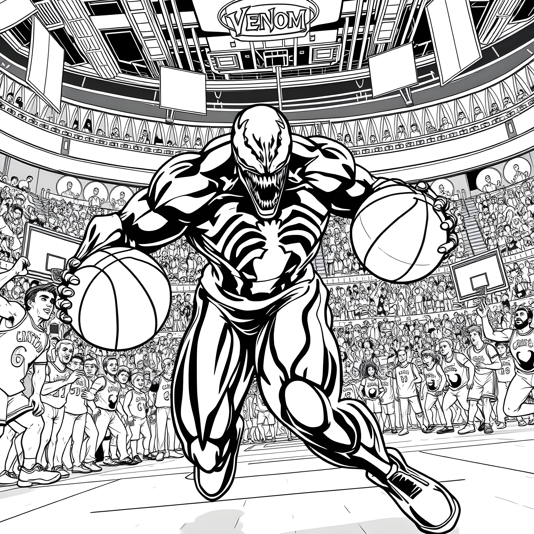 Venom Dominating the Basketball Court Coloring Page (free black-and-white line drawing printable PDF for all, from beginners to advanced learners, including children, teens, adults, and seniors)