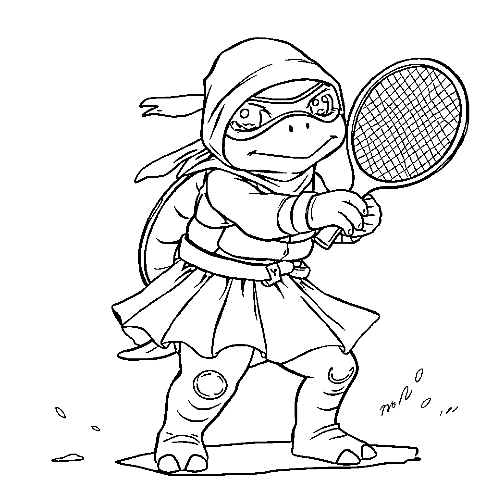 Turtle playing tennis with racket Coloring Page (free black-and-white line drawing printable PDF for all, from beginners to advanced learners, including children, teens, adults, and seniors)