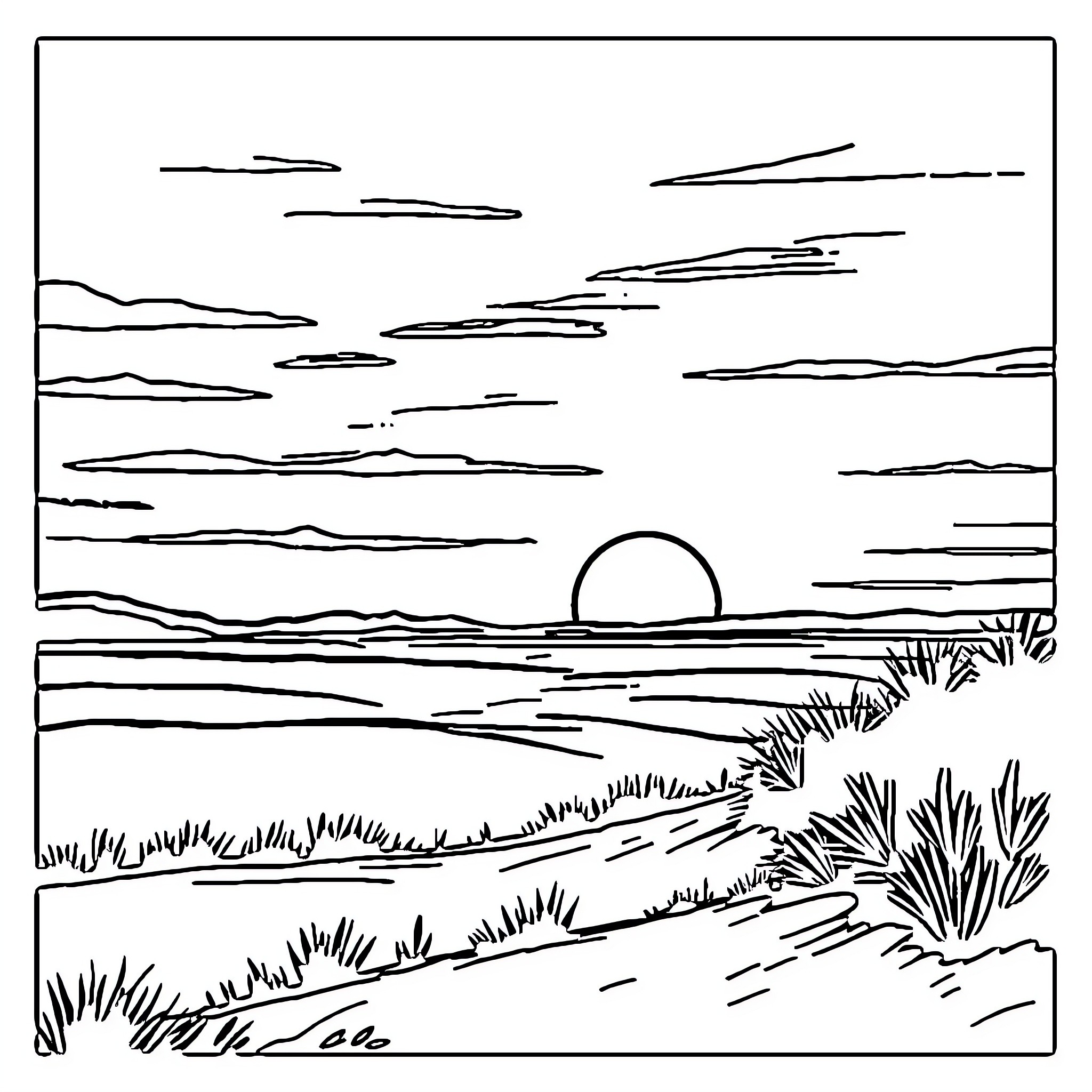 Sun setting over serene landscape Coloring Page (free black-and-white line drawing printable PDF for all, from beginners to advanced learners, including children, teens, adults, and seniors)