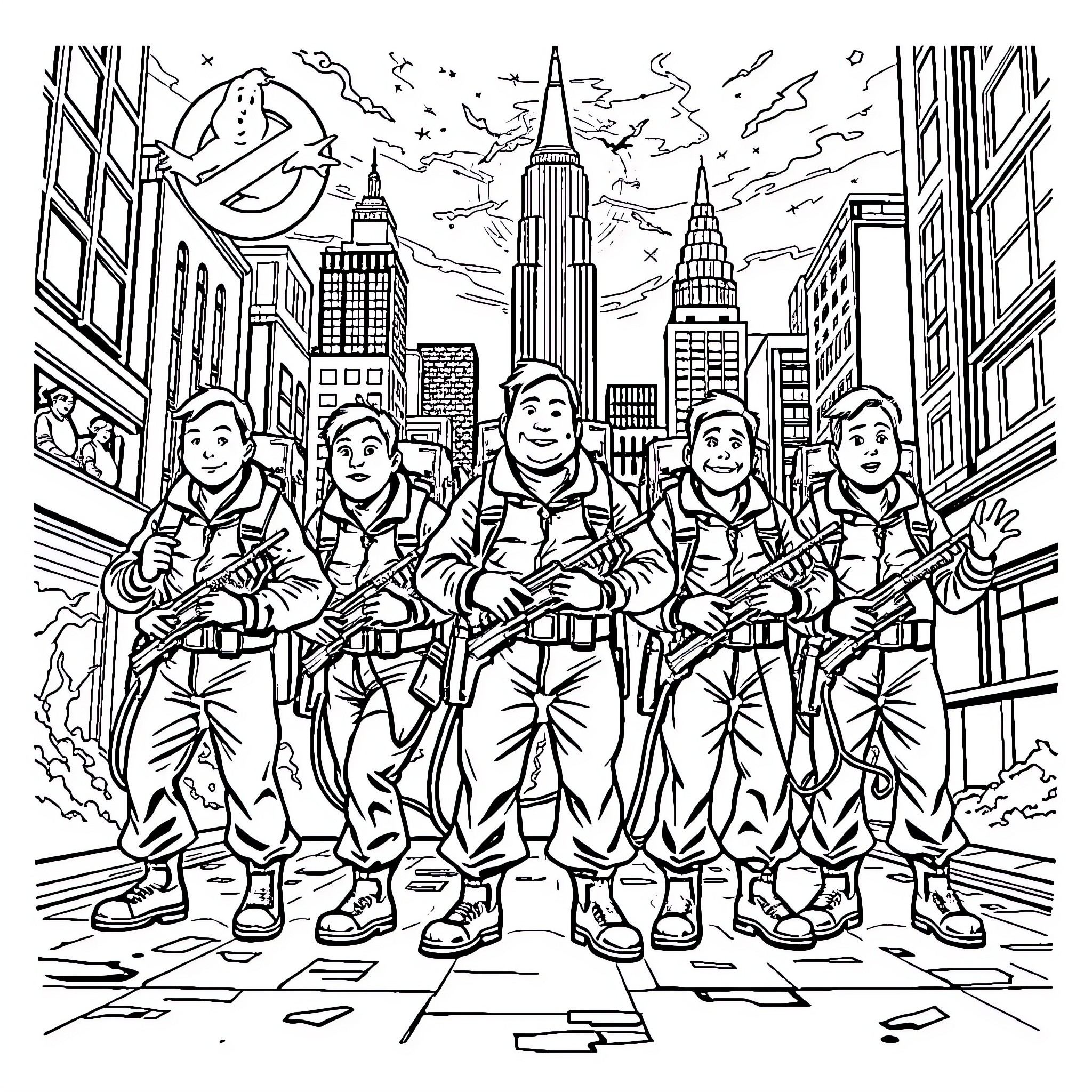 Ghostbusters team in action against ghostly threats in New York City Coloring Page (free black-and-white line drawing printable PDF for all, from beginners to advanced learners, including children, teens, adults, and seniors)