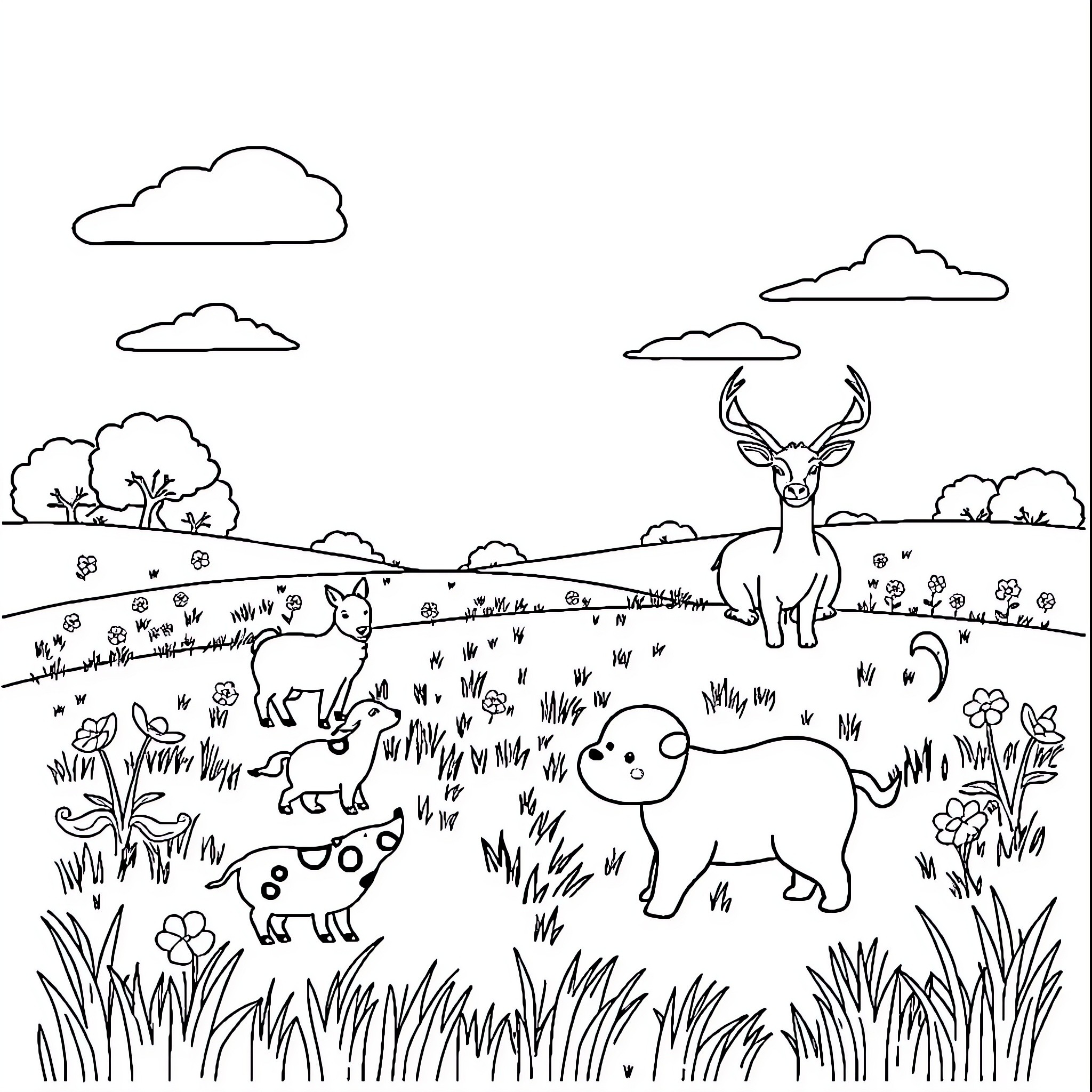 Animal friends in a peaceful meadow Coloring Page (free black-and-white line drawing printable PDF for all, from beginners to advanced learners, including children, teens, adults, and seniors)