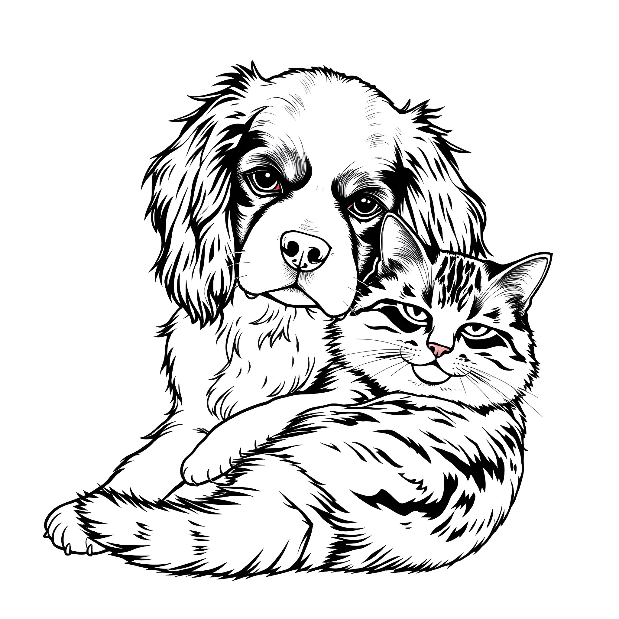 Cavalier King Charles Spaniel with curious feline companion Coloring Page (free black-and-white line drawing printable PDF for all, from beginners to advanced learners, including children, teens, adults, and seniors)