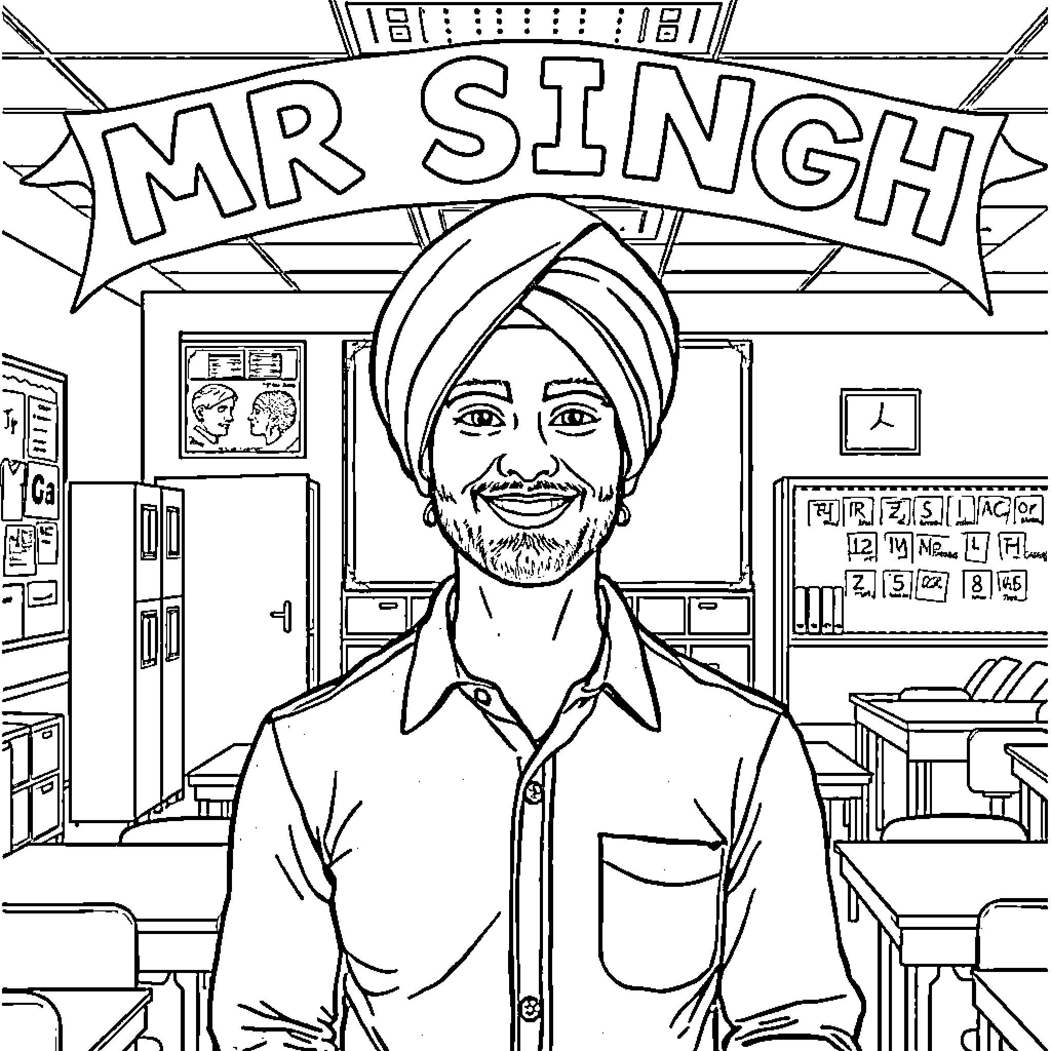 Teacher Mr. Singh smiling in his classroom Coloring Page (free black-and-white line drawing printable PDF for all, from beginners to advanced learners, including children, teens, adults, and seniors)