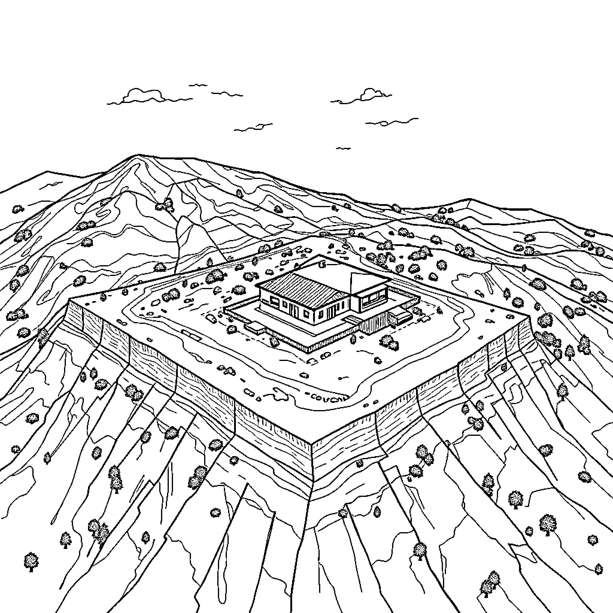 Topography of a Mountainous Landscape with a Singular Structure Coloring Page (free black-and-white line drawing printable PDF for all, from beginners to advanced learners, including children, teens, adults, and seniors)