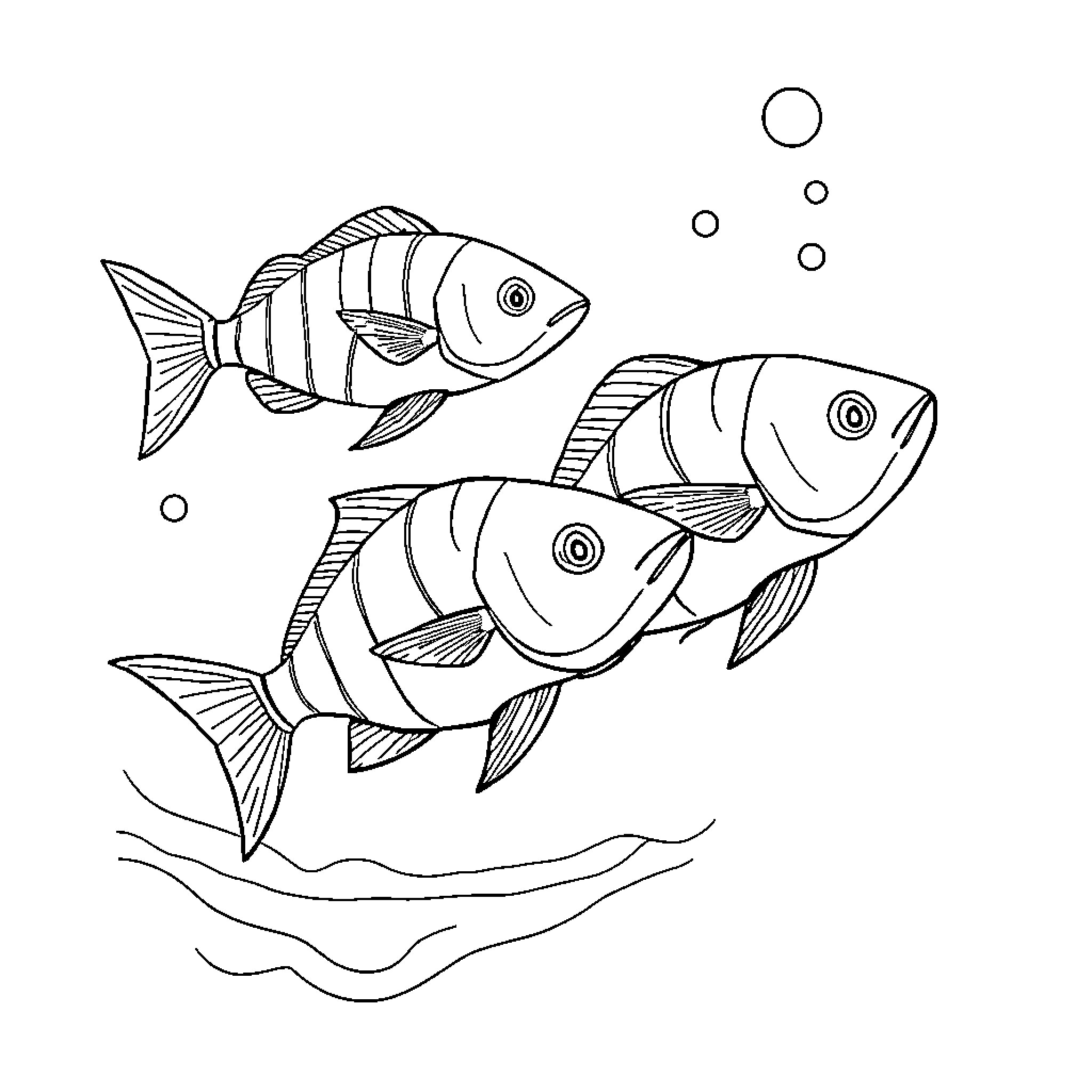 Fish swimming together in the underwater scene Coloring Page (free black-and-white line drawing printable PDF for all, from beginners to advanced learners, including children, teens, adults, and seniors)