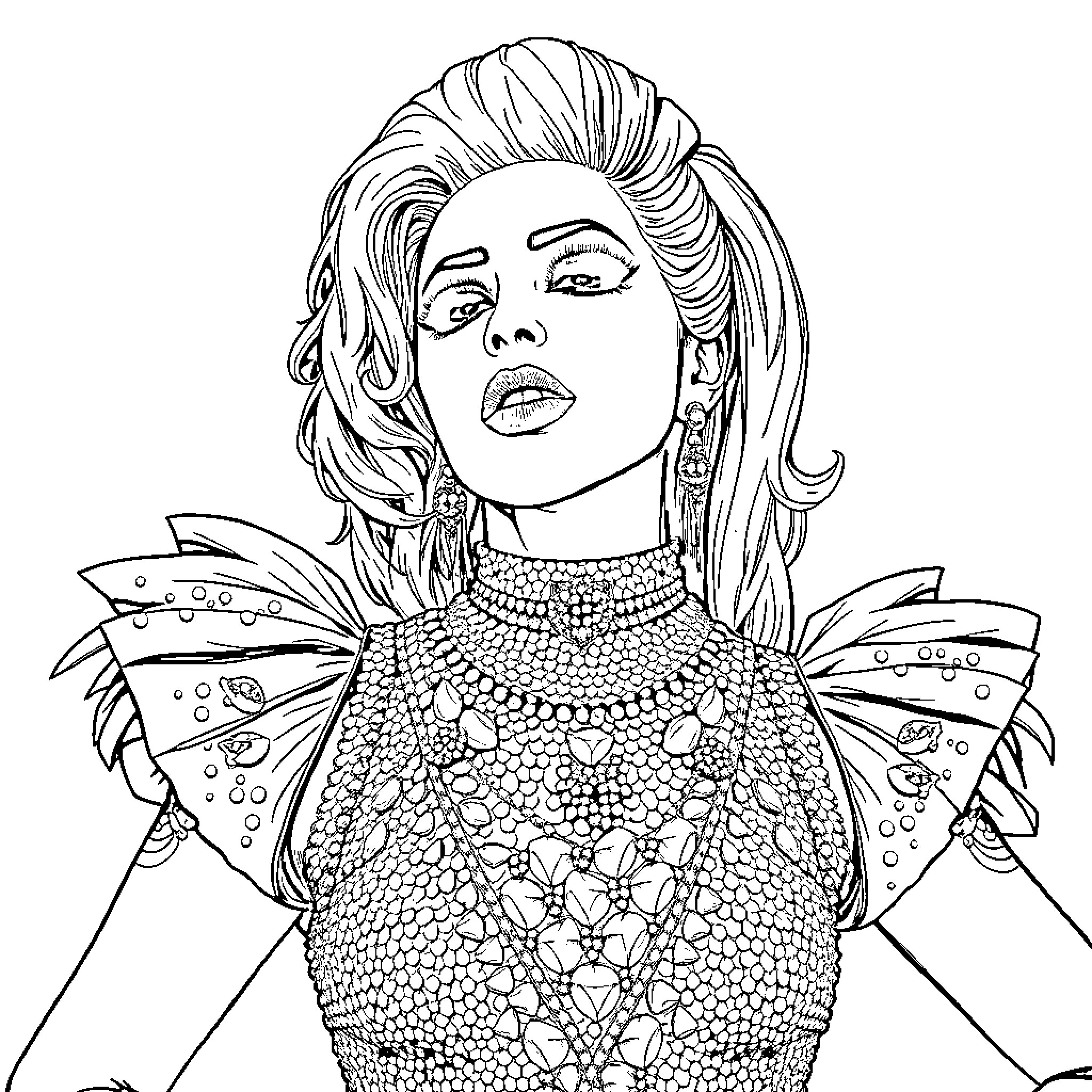 Lady Gaga's Ethereal Glamour Coloring Page (free black-and-white line drawing printable PDF for all, from beginners to advanced learners, including children, teens, adults, and seniors)