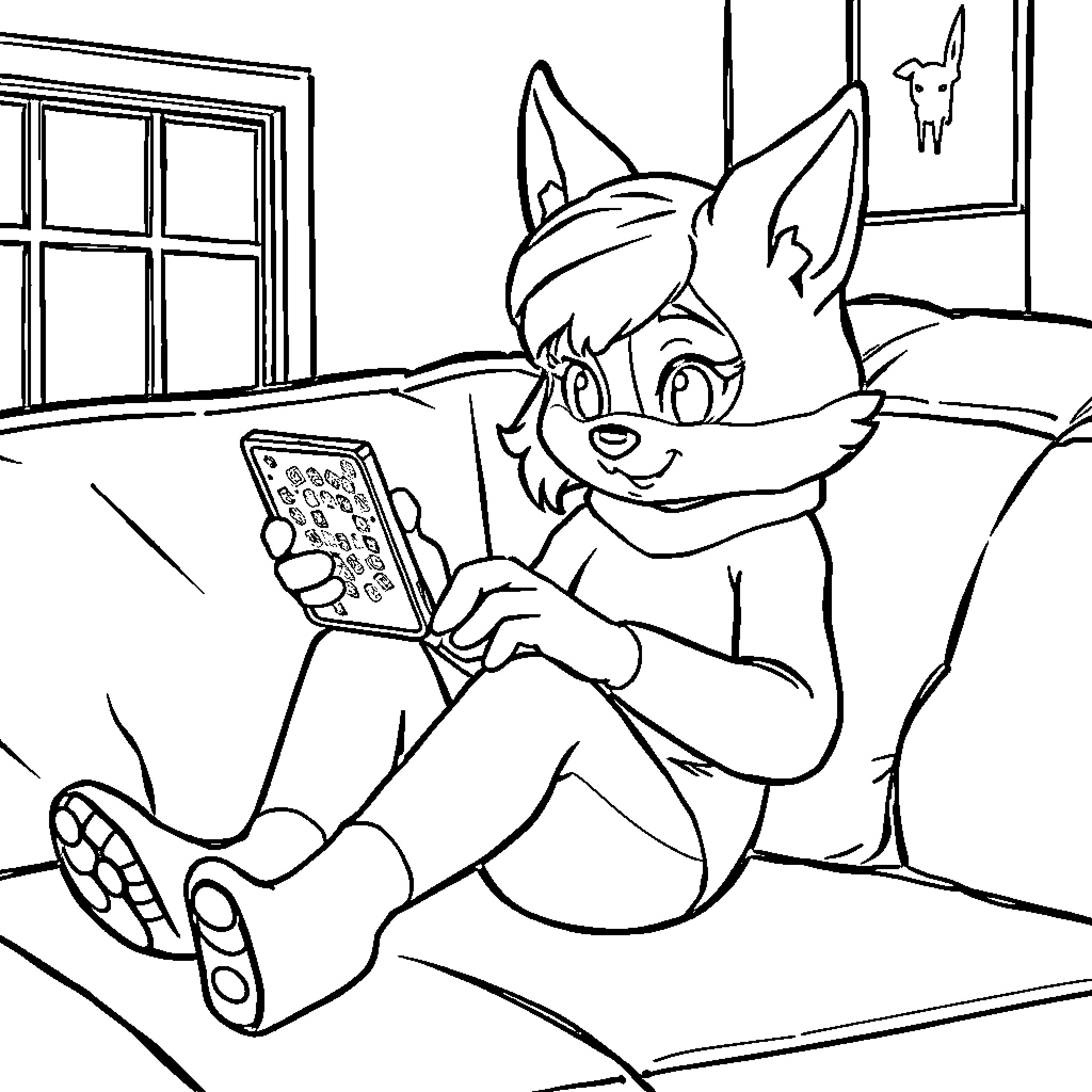 Rumi's Joyful Digital Playtime Coloring Page (free black-and-white line drawing printable PDF for all, from beginners to advanced learners, including children, teens, adults, and seniors)