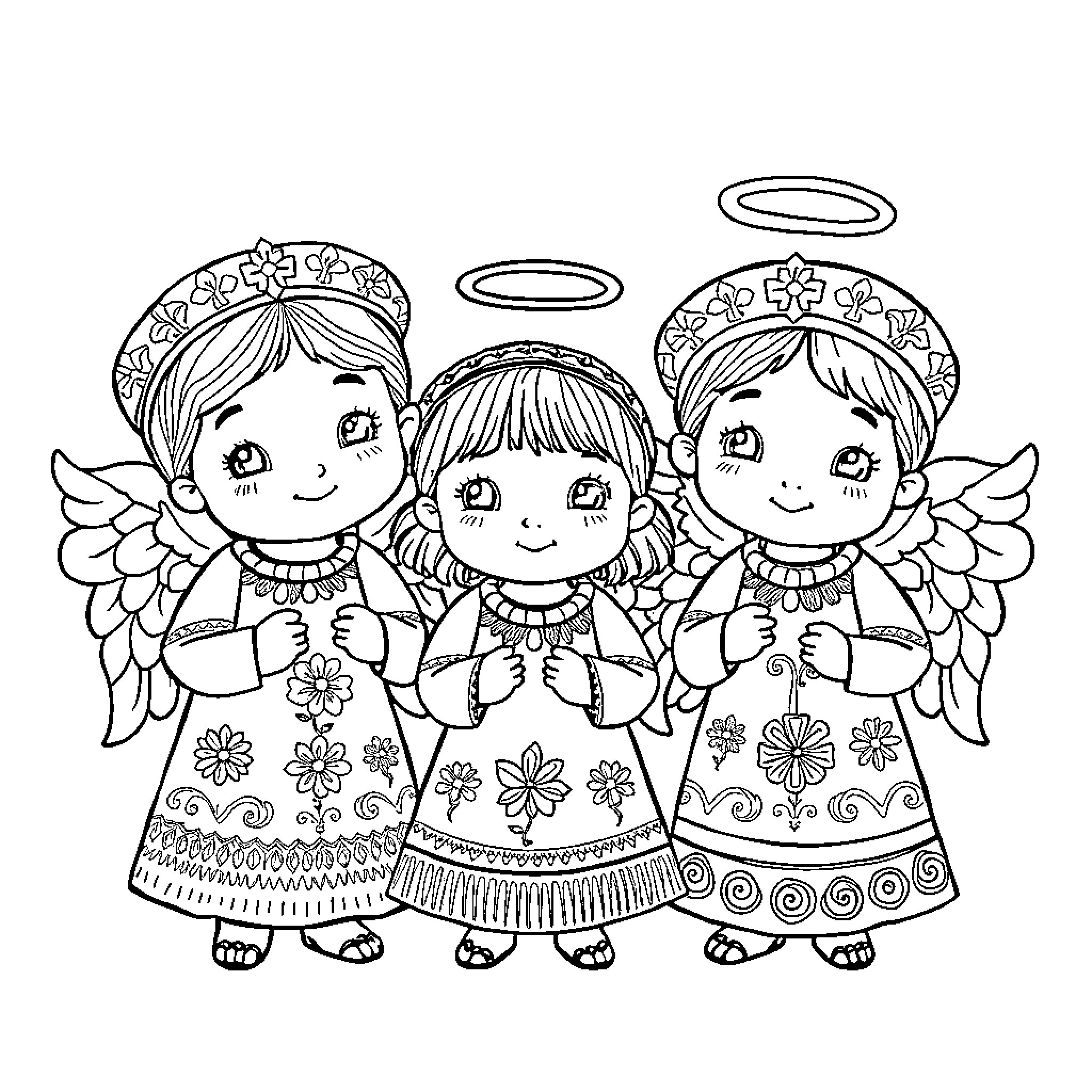 Angel Children Praying and Worshiping Coloring Page (free black-and-white line drawing printable PDF for all, from beginners to advanced learners, including children, teens, adults, and seniors)