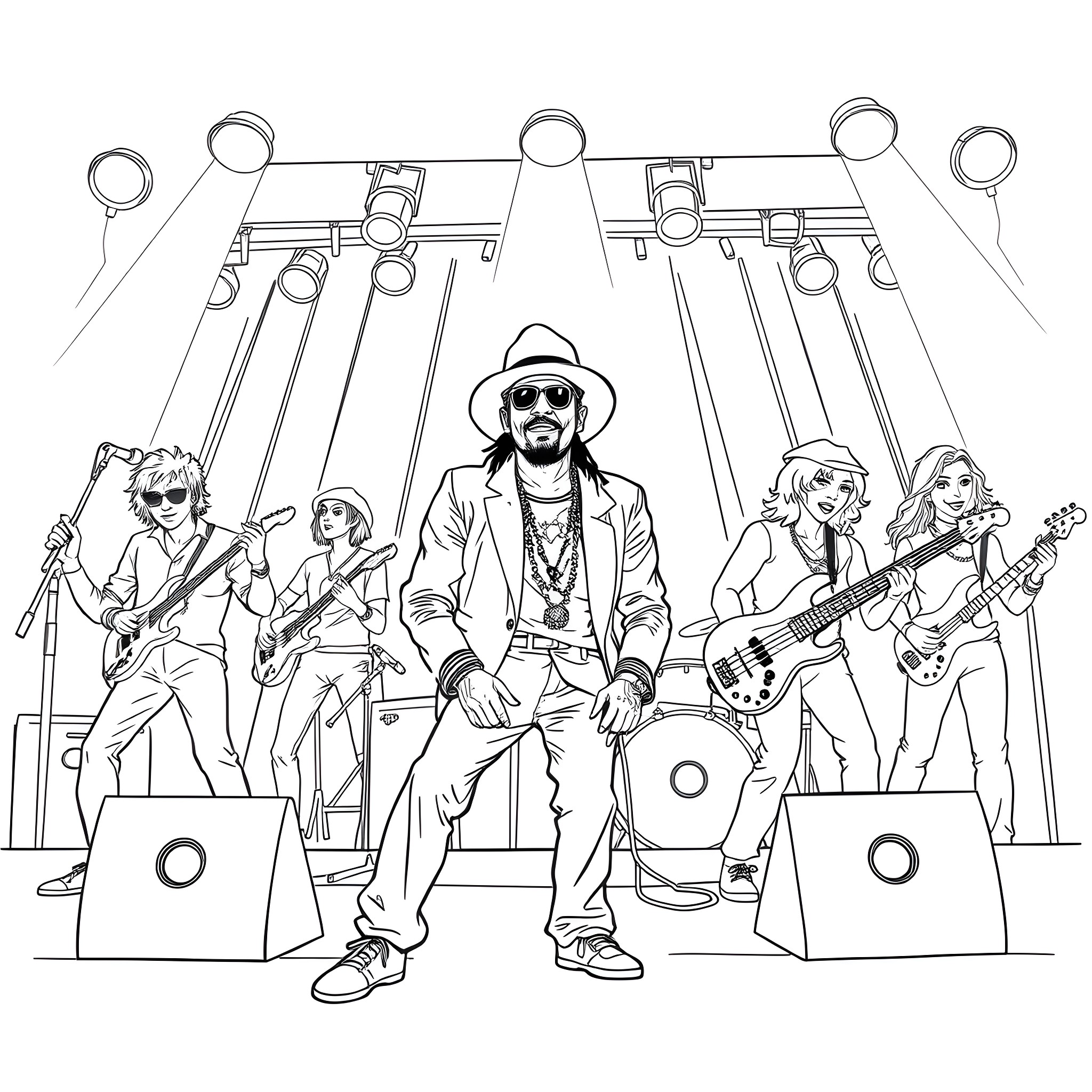 Jamiroquai rocking the stage with bandmates Coloring Page (free black-and-white line drawing printable PDF for all, from beginners to advanced learners, including children, teens, adults, and seniors)