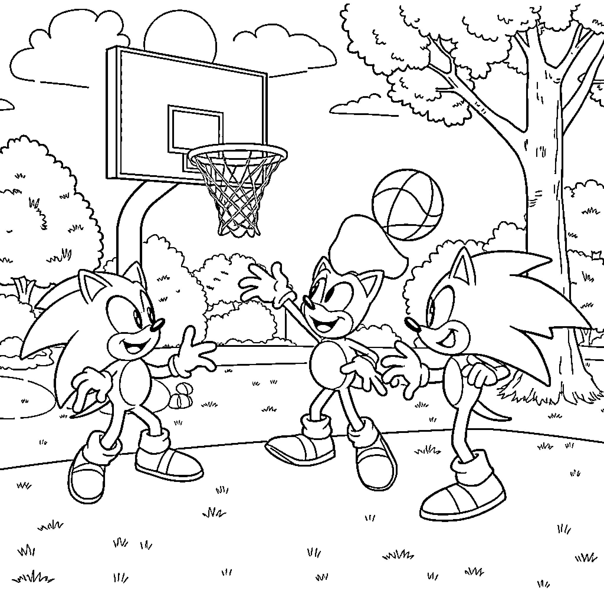 Sonic and friends playing basketball in the park Coloring Page (free black-and-white line drawing printable PDF for all, from beginners to advanced learners, including children, teens, adults, and seniors)