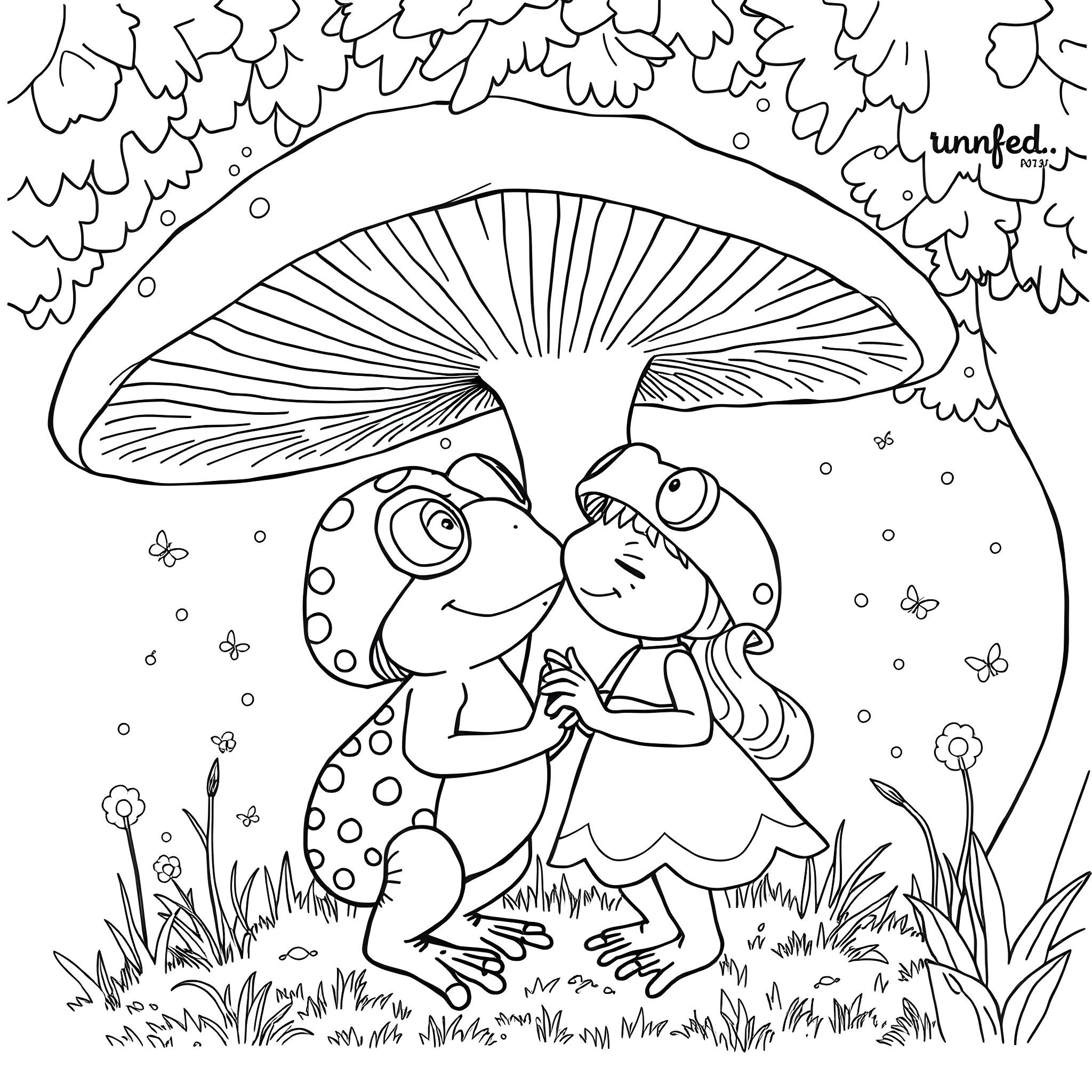 Toad enjoying a magical mushroom under the forest canopy Coloring Page (free black-and-white line drawing printable PDF for all, from beginners to advanced learners, including children, teens, adults, and seniors)