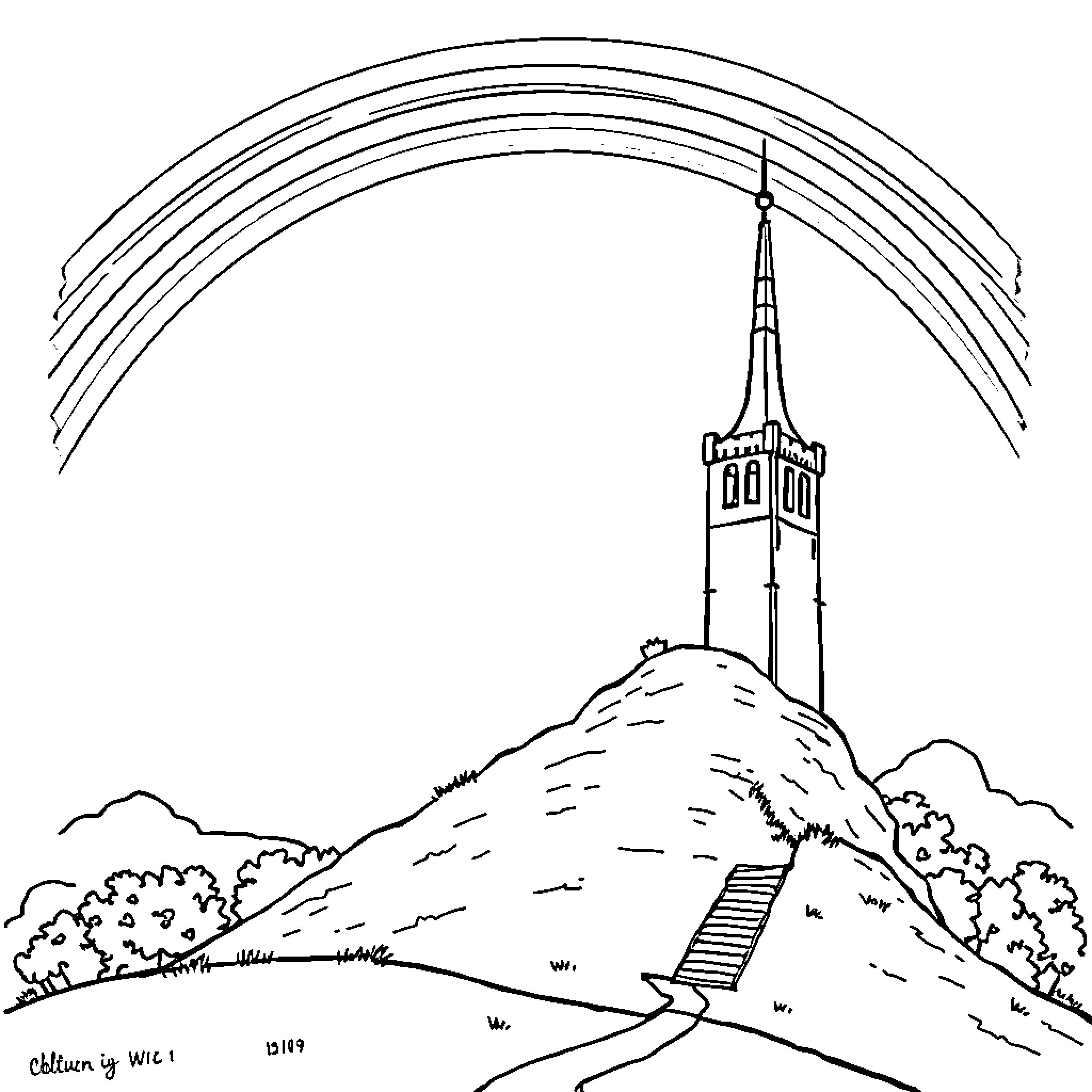Tower with Spire Overlooking Landscape Coloring Page (free black-and-white line drawing printable PDF for all, from beginners to advanced learners, including children, teens, adults, and seniors)