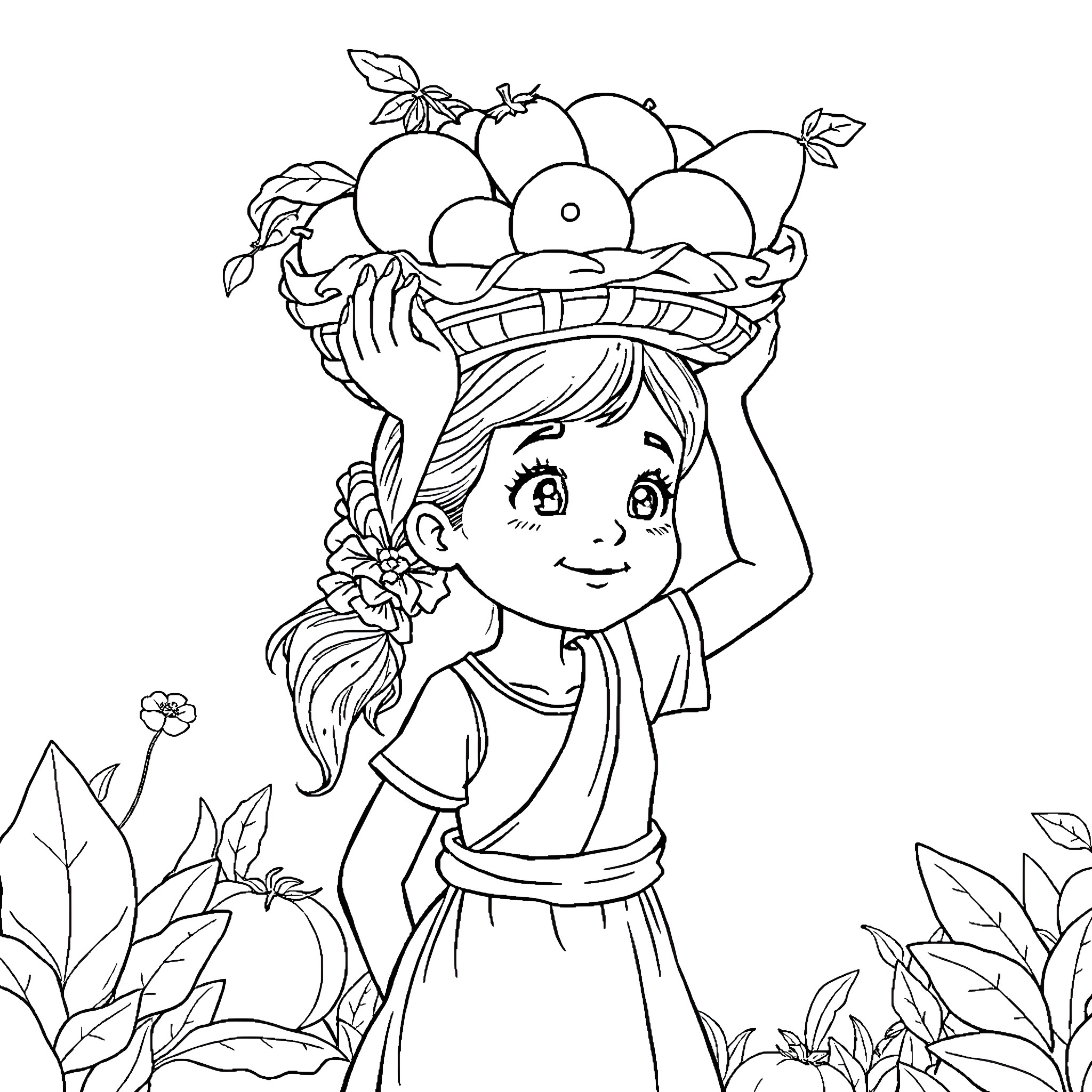 Handa carrying a basket of fruits and flowers Coloring Page (free black-and-white line drawing printable PDF for all, from beginners to advanced learners, including children, teens, adults, and seniors)