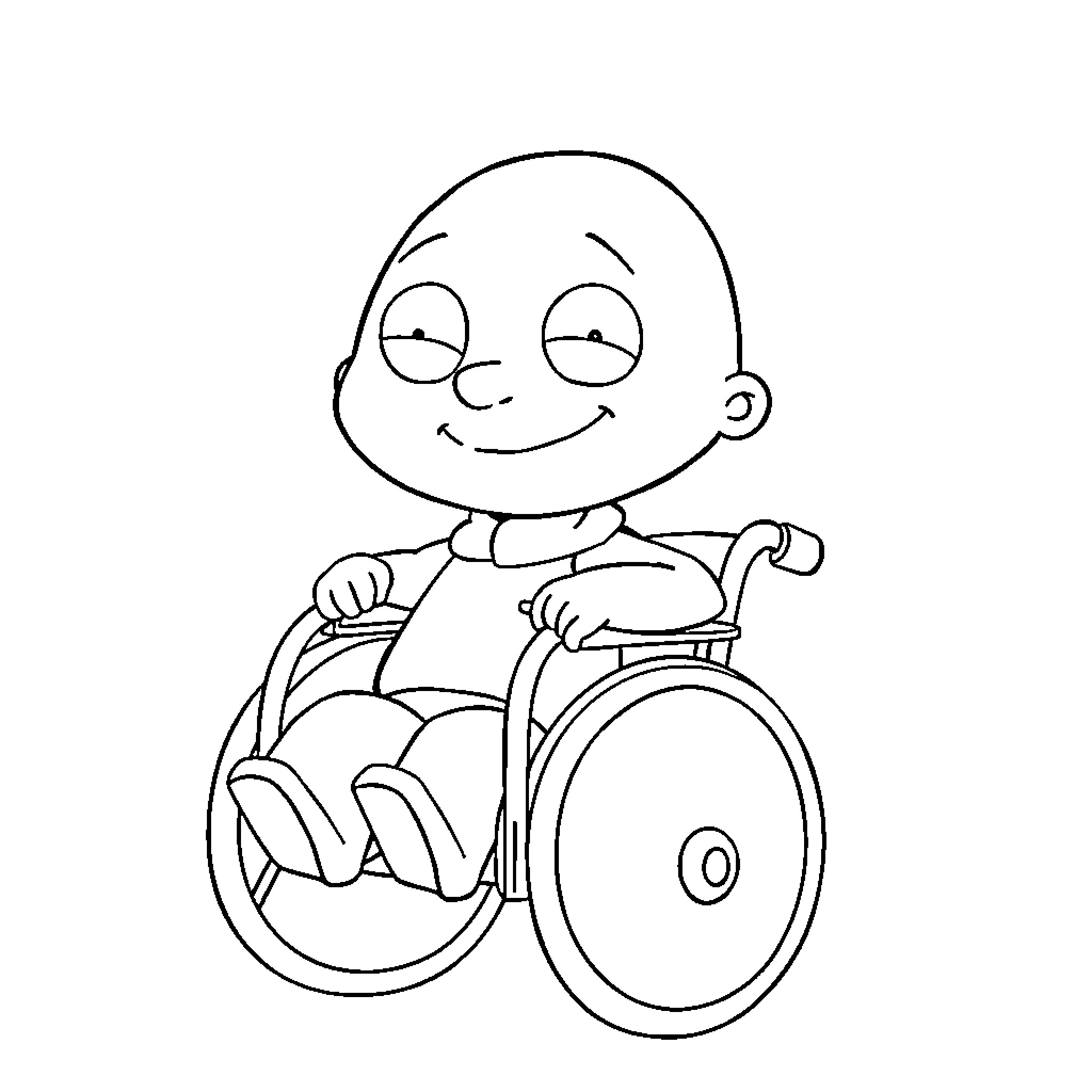 Stewie having fun in his wheelchair Coloring Page (free black-and-white line drawing printable PDF for all, from beginners to advanced learners, including children, teens, adults, and seniors)