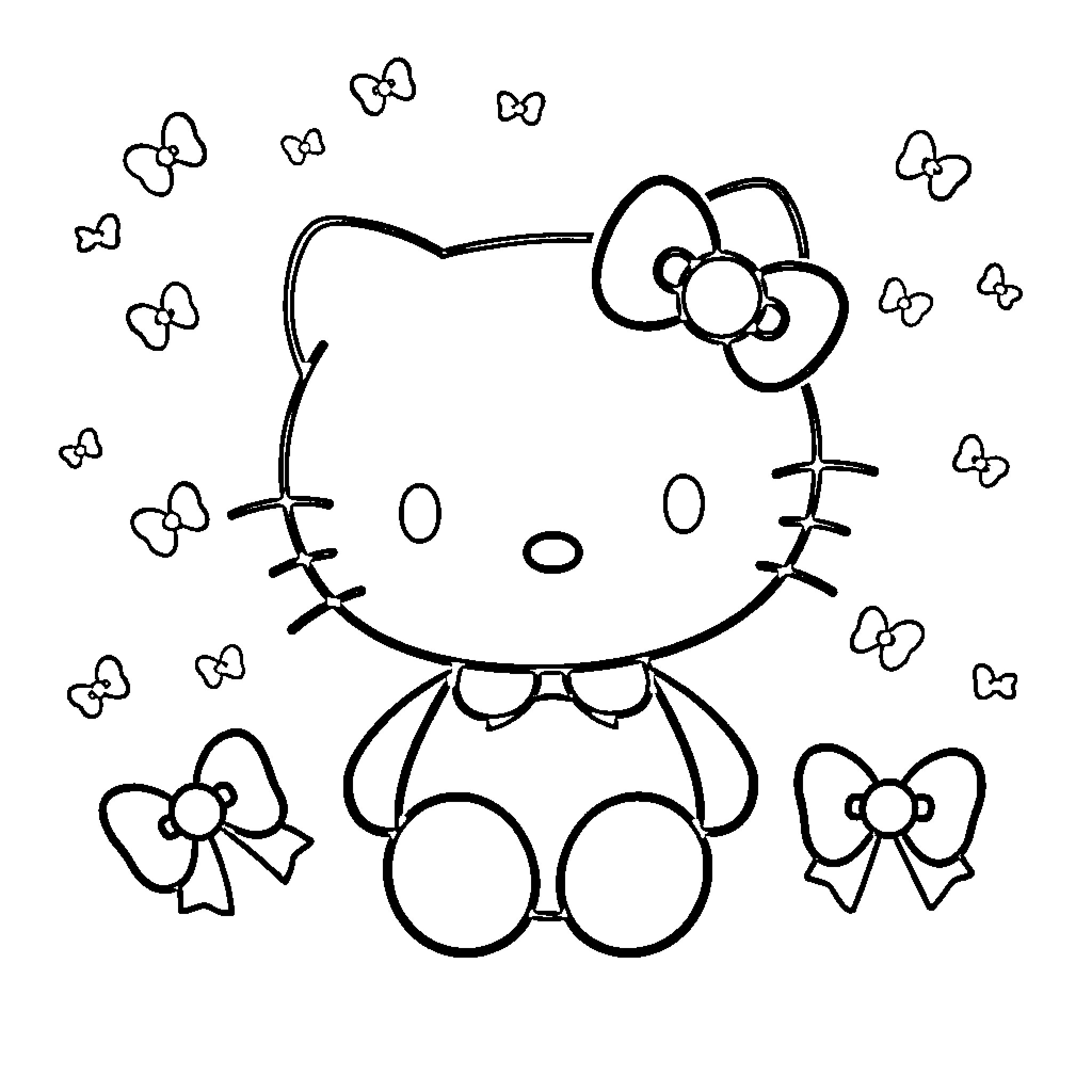 Hello Kitty sitting with bows Coloring Page (free black-and-white line drawing printable PDF for all, from beginners to advanced learners, including children, teens, adults, and seniors)