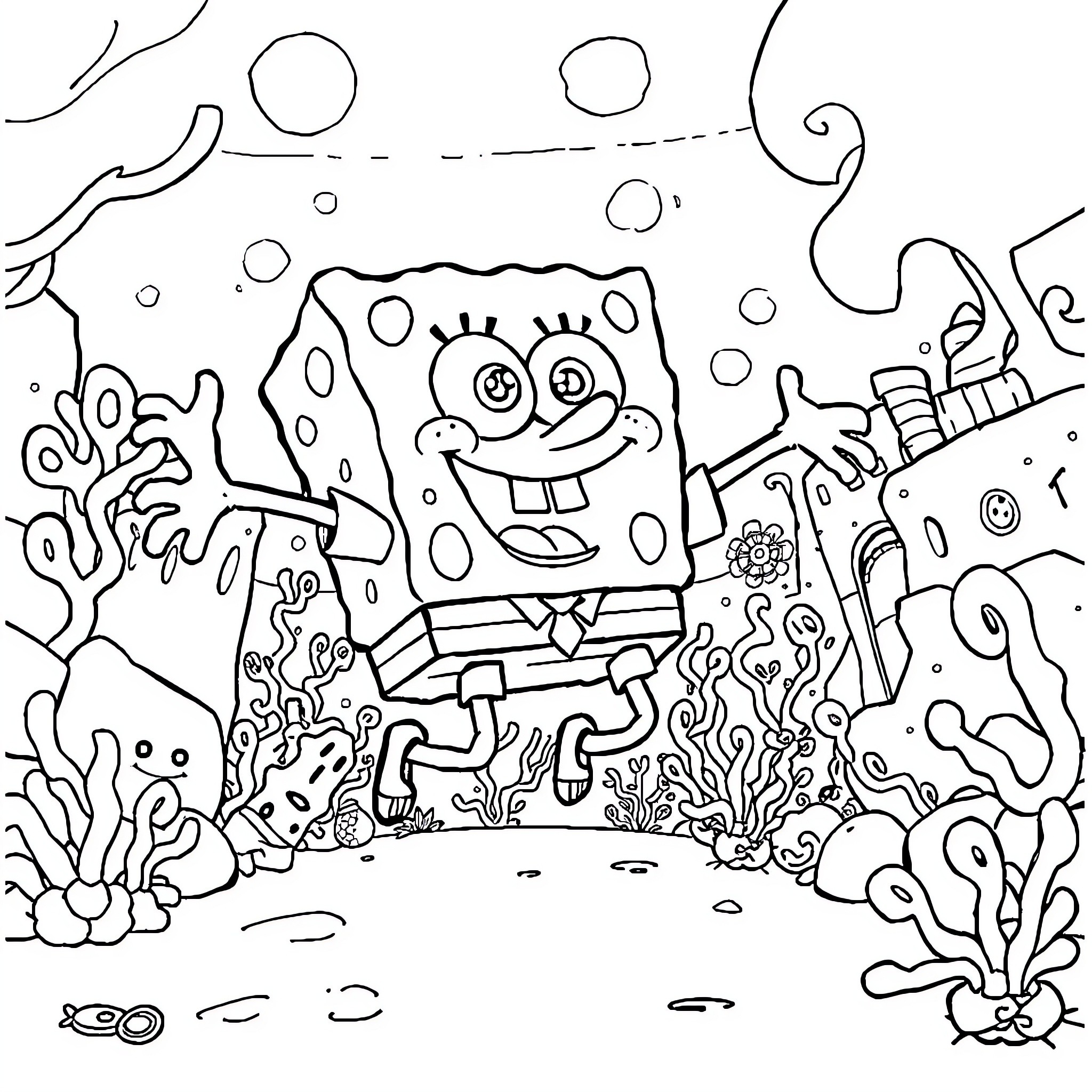 Spongebob exploring the underwater world Coloring Page (free black-and-white line drawing printable PDF for all, from beginners to advanced learners, including children, teens, adults, and seniors)