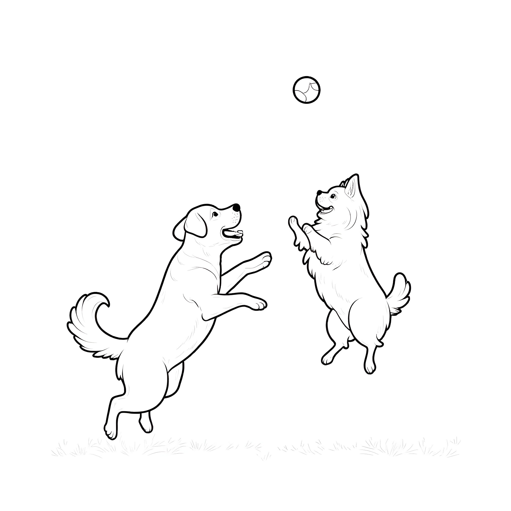 Dogs playing and jumping with ball Coloring Page (free black-and-white line drawing printable PDF for all, from beginners to advanced learners, including children, teens, adults, and seniors)