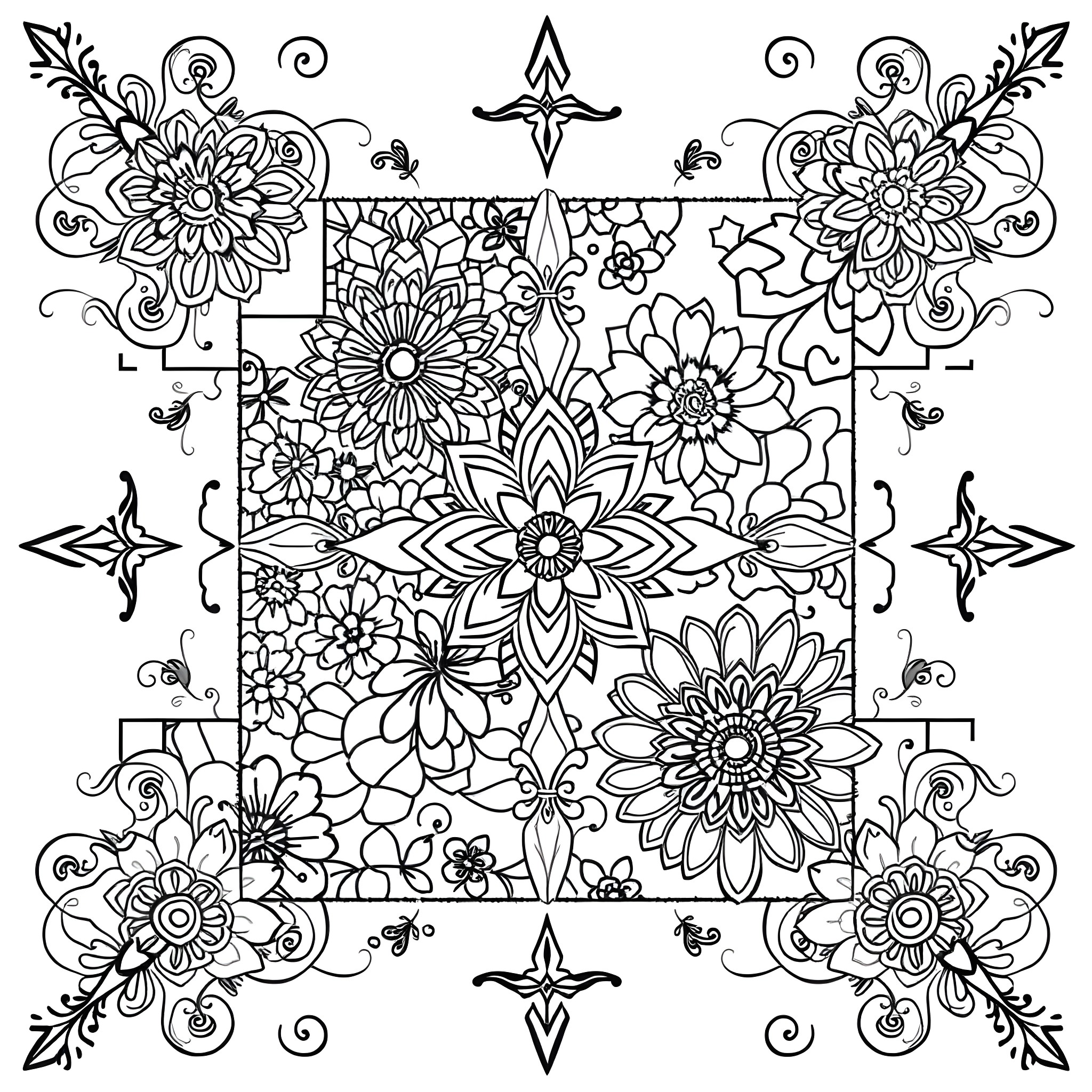 Patchwork of Intricate Floral Designs Coloring Page (free black-and-white line drawing printable PDF for all, from beginners to advanced learners, including children, teens, adults, and seniors)