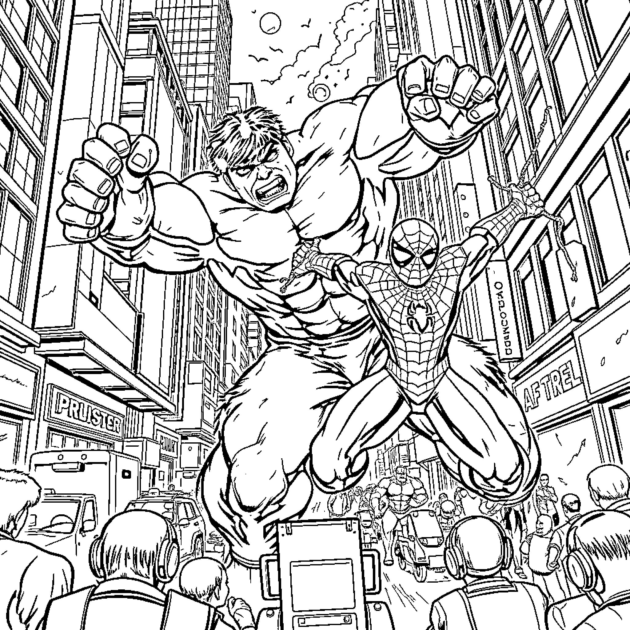 Hulk and Spider-Man Clash in the City Coloring Page (free black-and-white line drawing printable PDF for all, from beginners to advanced learners, including children, teens, adults, and seniors)
