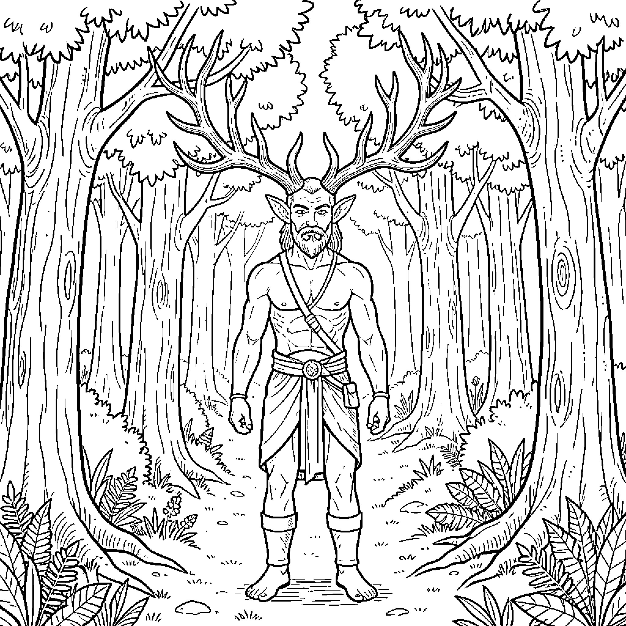 Green Man in a Mystical Forest Realm Coloring Page (free black-and-white line drawing printable PDF for all, from beginners to advanced learners, including children, teens, adults, and seniors)