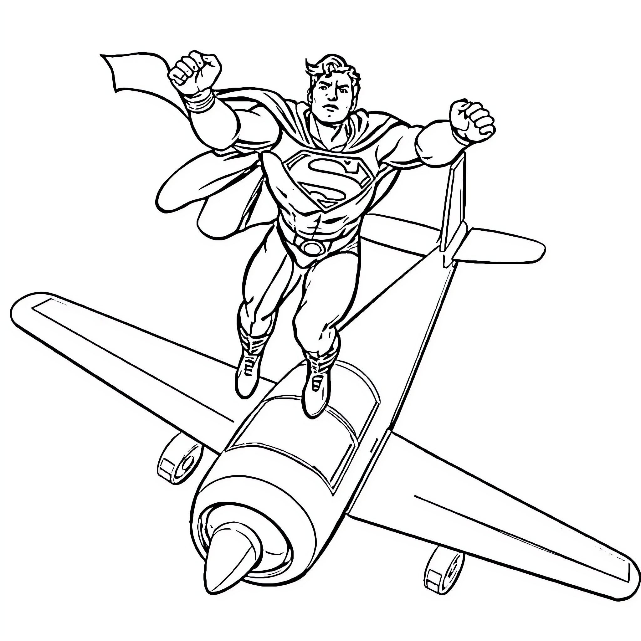 Superman soaring through the sky in heroic pose Coloring Page (free black-and-white line drawing printable PDF for all, from beginners to advanced learners, including children, teens, adults, and seniors)