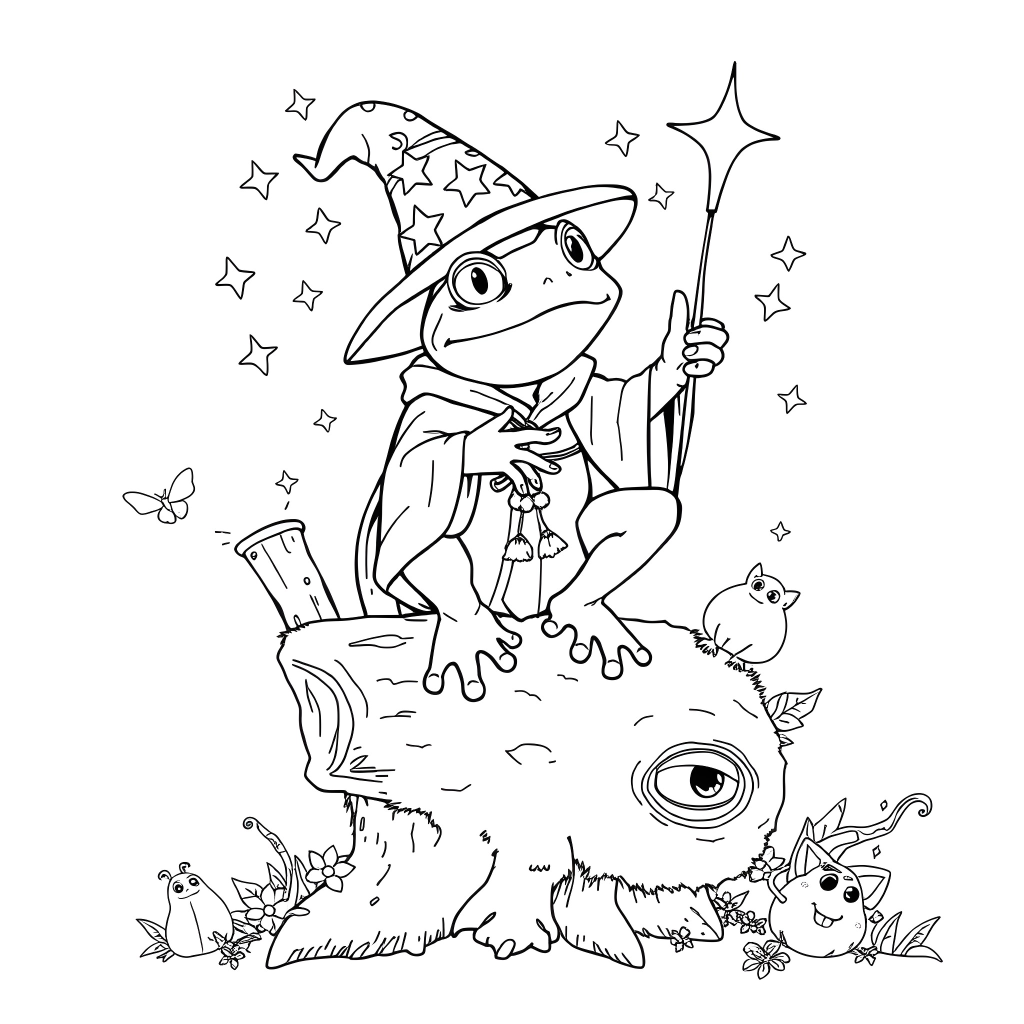 Frog wizard performing magic with stars and mushrooms Coloring Page (free black-and-white line drawing printable PDF for all, from beginners to advanced learners, including children, teens, adults, and seniors)