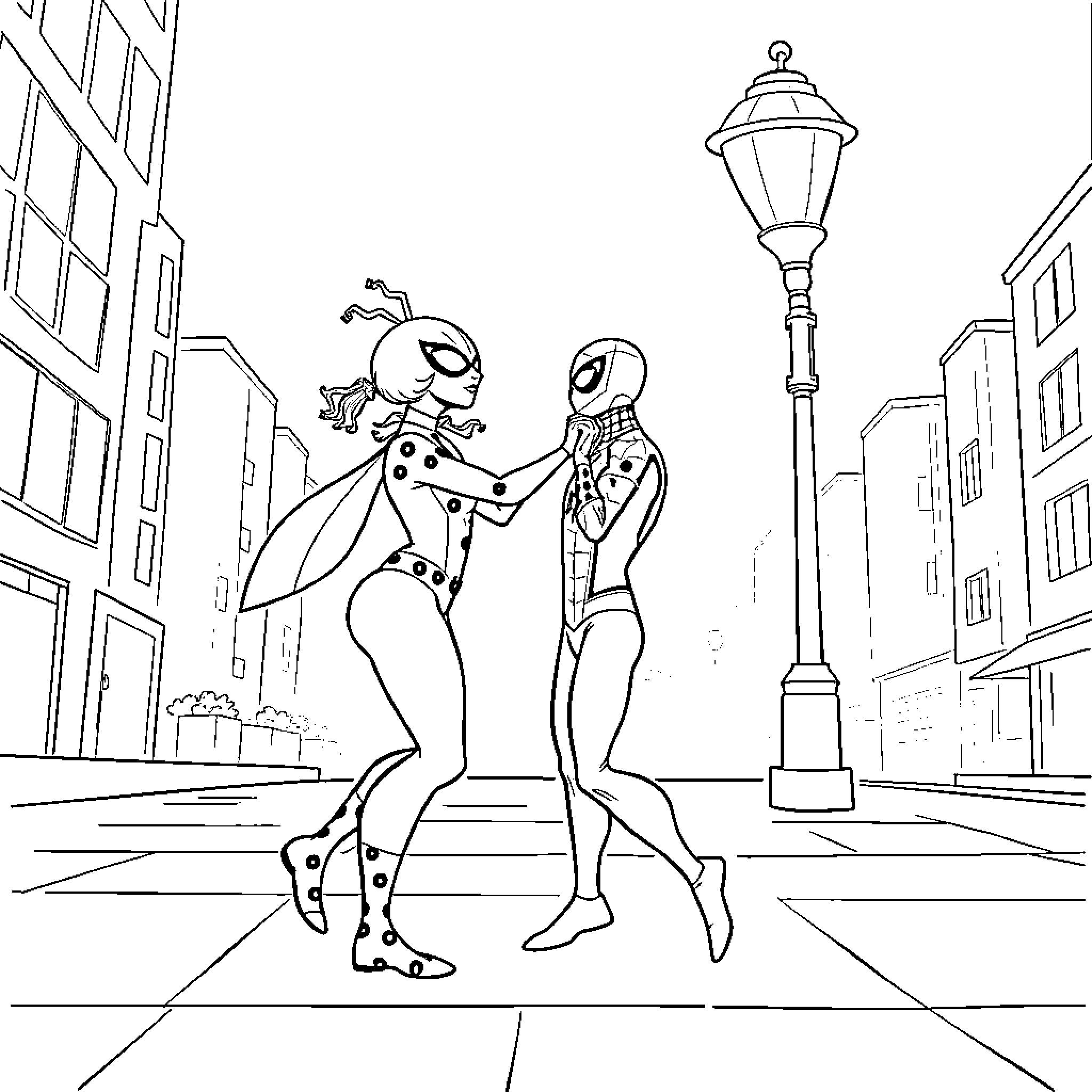 Ladybug superhero partners in action on city street Coloring Page (free black-and-white line drawing printable PDF for all, from beginners to advanced learners, including children, teens, adults, and seniors)