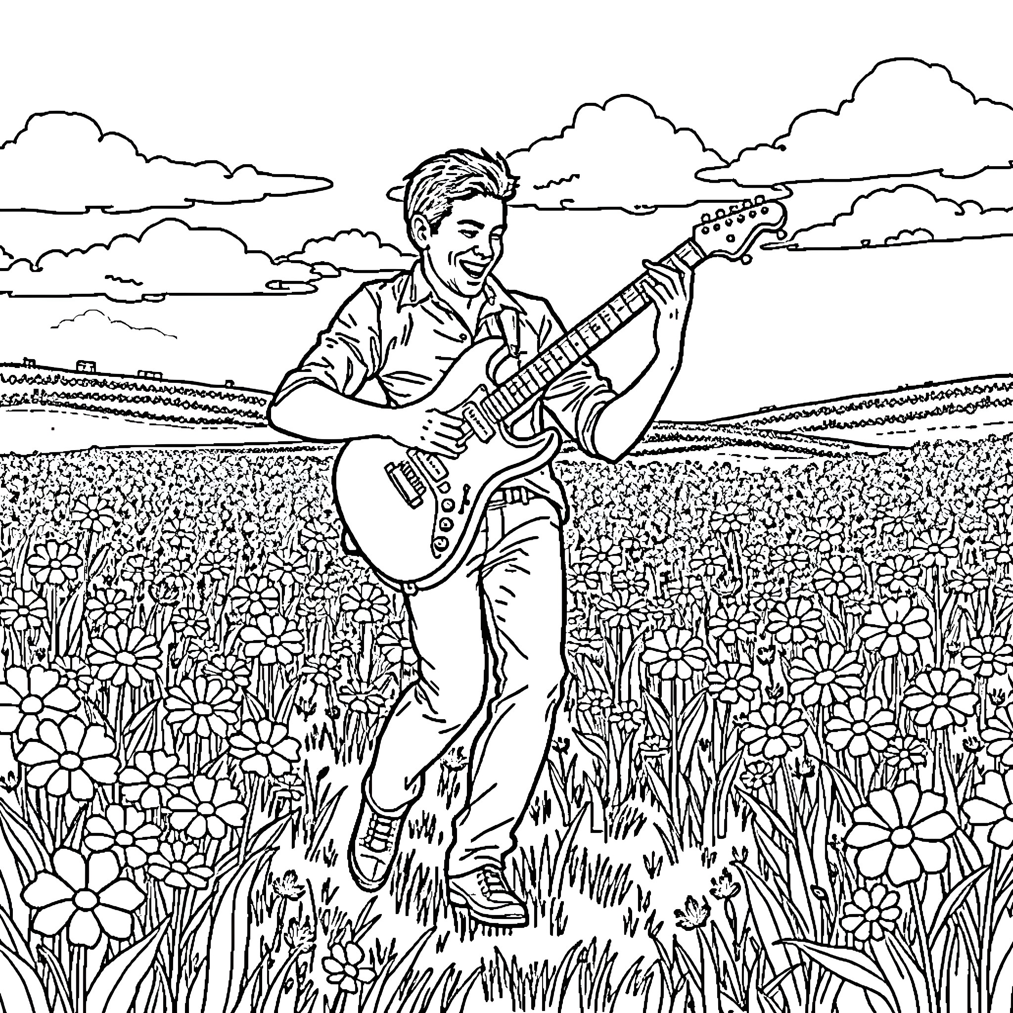 Roberto Firmino playing guitar in a flower field Coloring Page (free black-and-white line drawing printable PDF for all, from beginners to advanced learners, including children, teens, adults, and seniors)