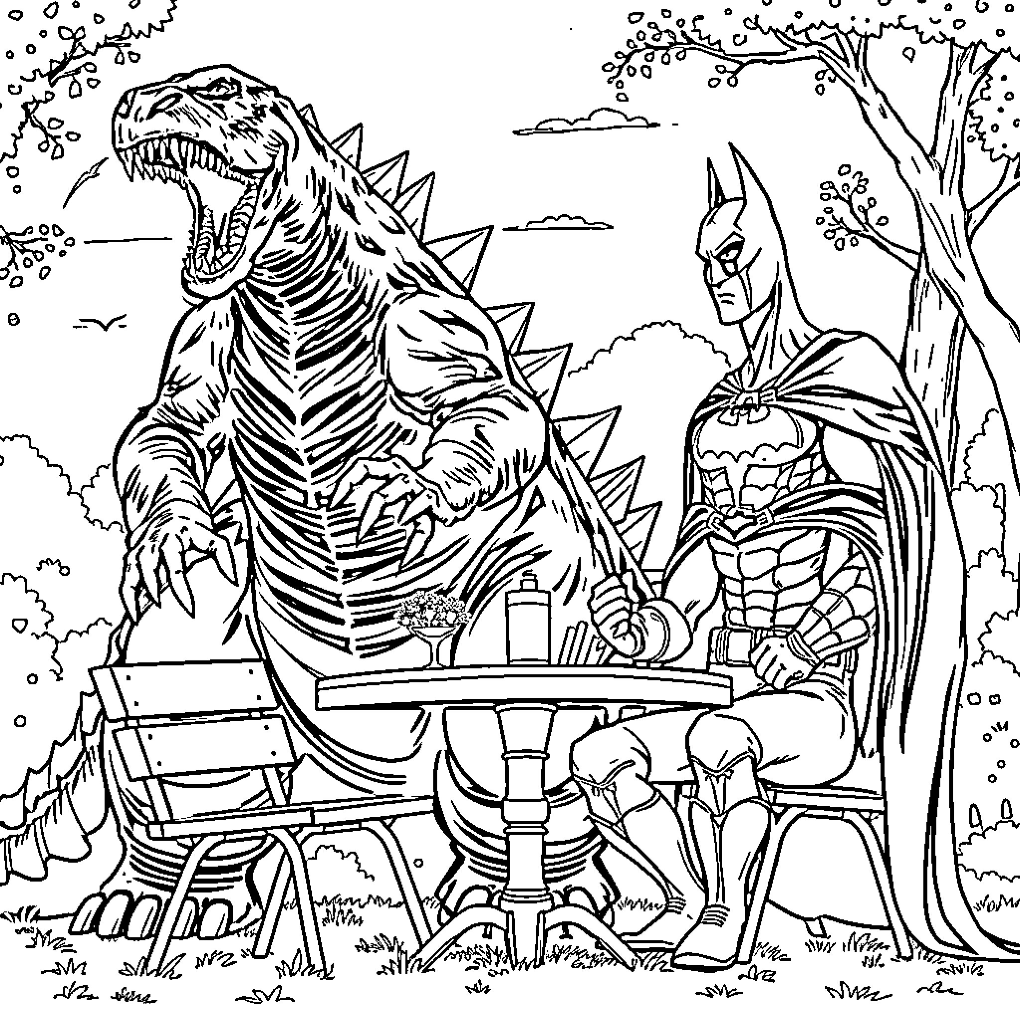 Godzilla confronts Batman in the city park Coloring Page (free black-and-white line drawing printable PDF for all, from beginners to advanced learners, including children, teens, adults, and seniors)