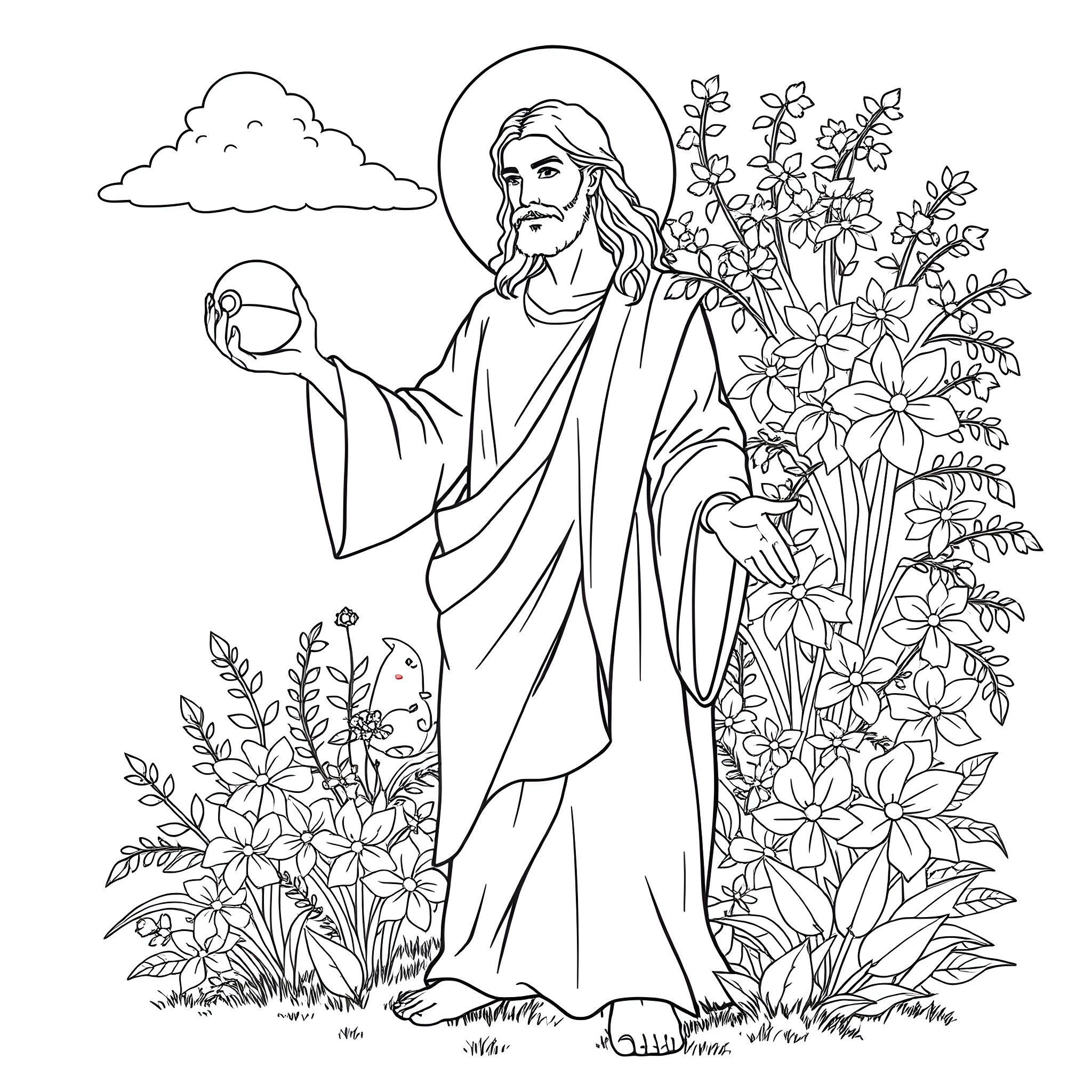 Jesus surrounded by lush flowers and nature Coloring Page (free black-and-white line drawing printable PDF for all, from beginners to advanced learners, including children, teens, adults, and seniors)