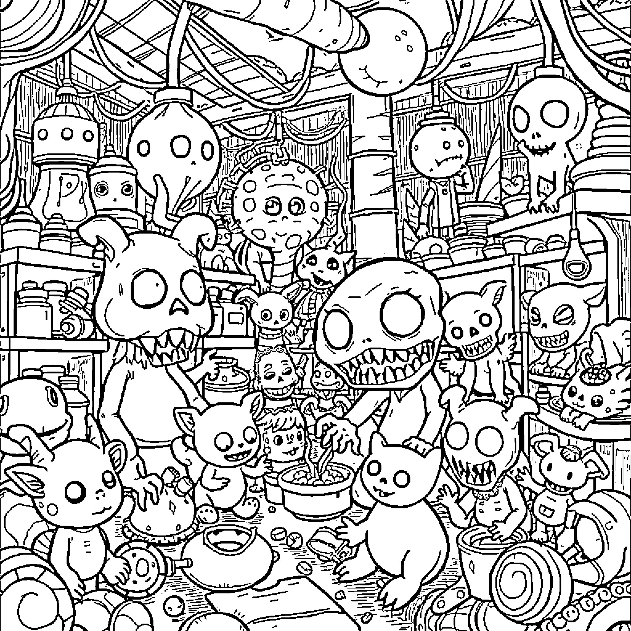 Poppy creatures in a whimsical and lively gathering Coloring Page (free black-and-white line drawing printable PDF for all, from beginners to advanced learners, including children, teens, adults, and seniors)