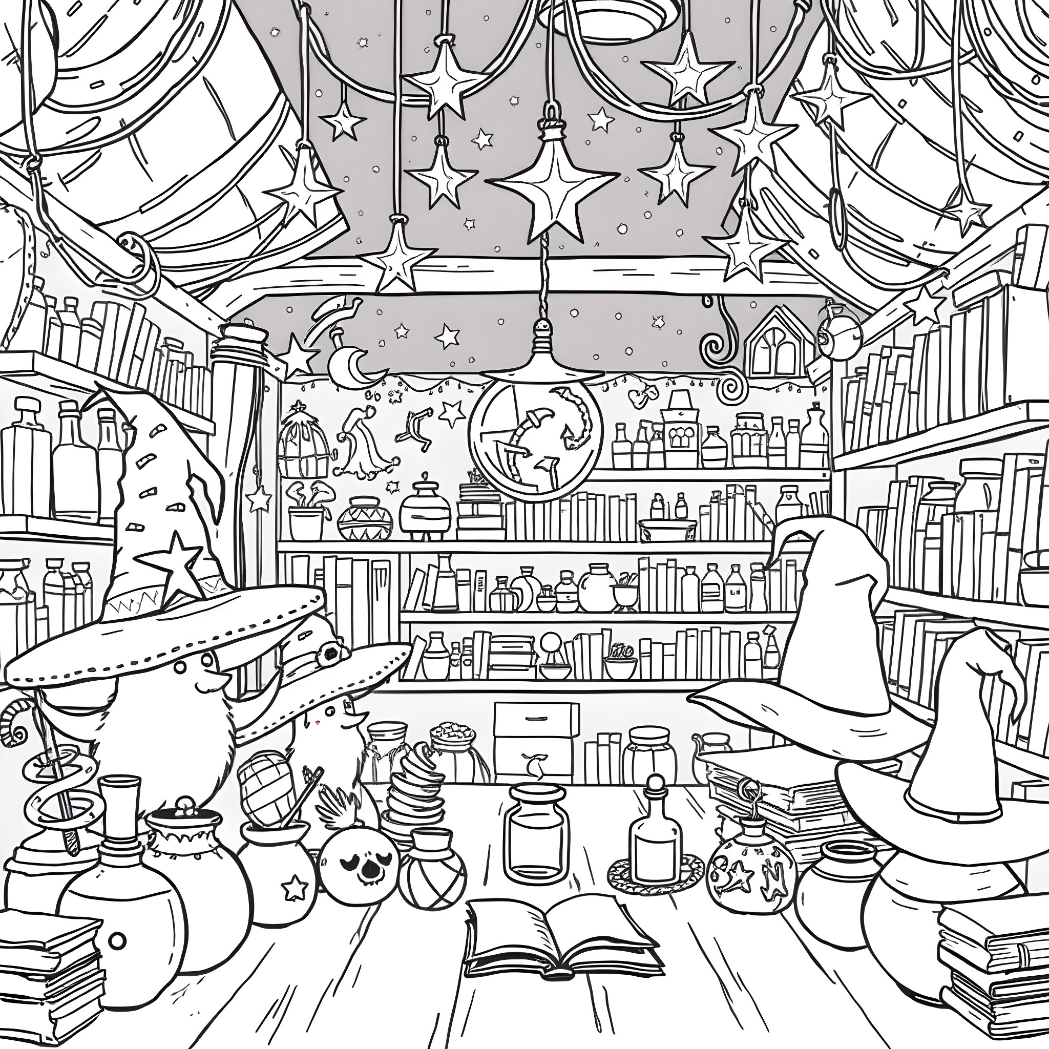 Witch Hat Enchantment in a Magical Library Coloring Page (free black-and-white line drawing printable PDF for all, from beginners to advanced learners, including children, teens, adults, and seniors)