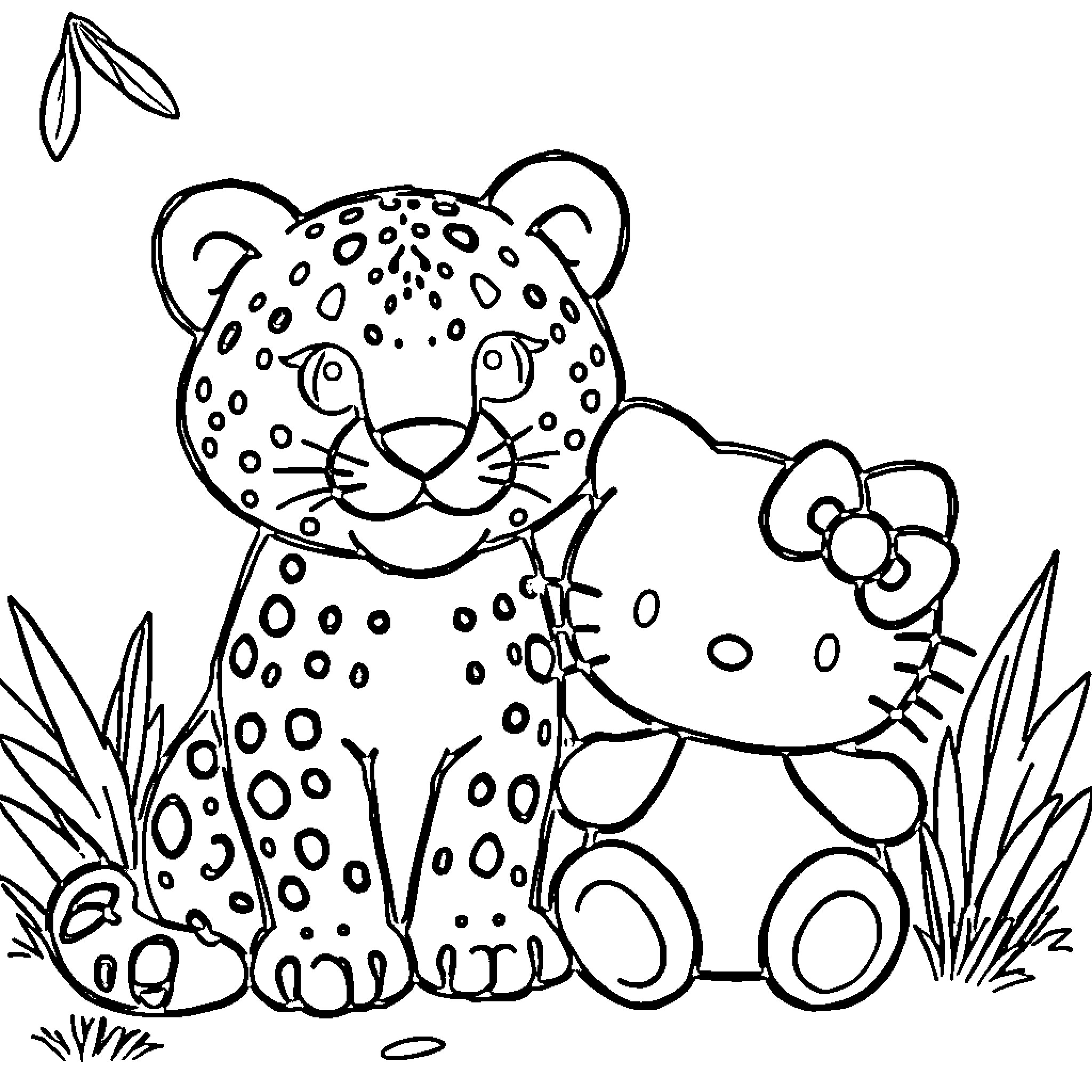 Hello Kitty and Leopard Friends in the Jungle Coloring Page (free black-and-white line drawing printable PDF for all, from beginners to advanced learners, including children, teens, adults, and seniors)