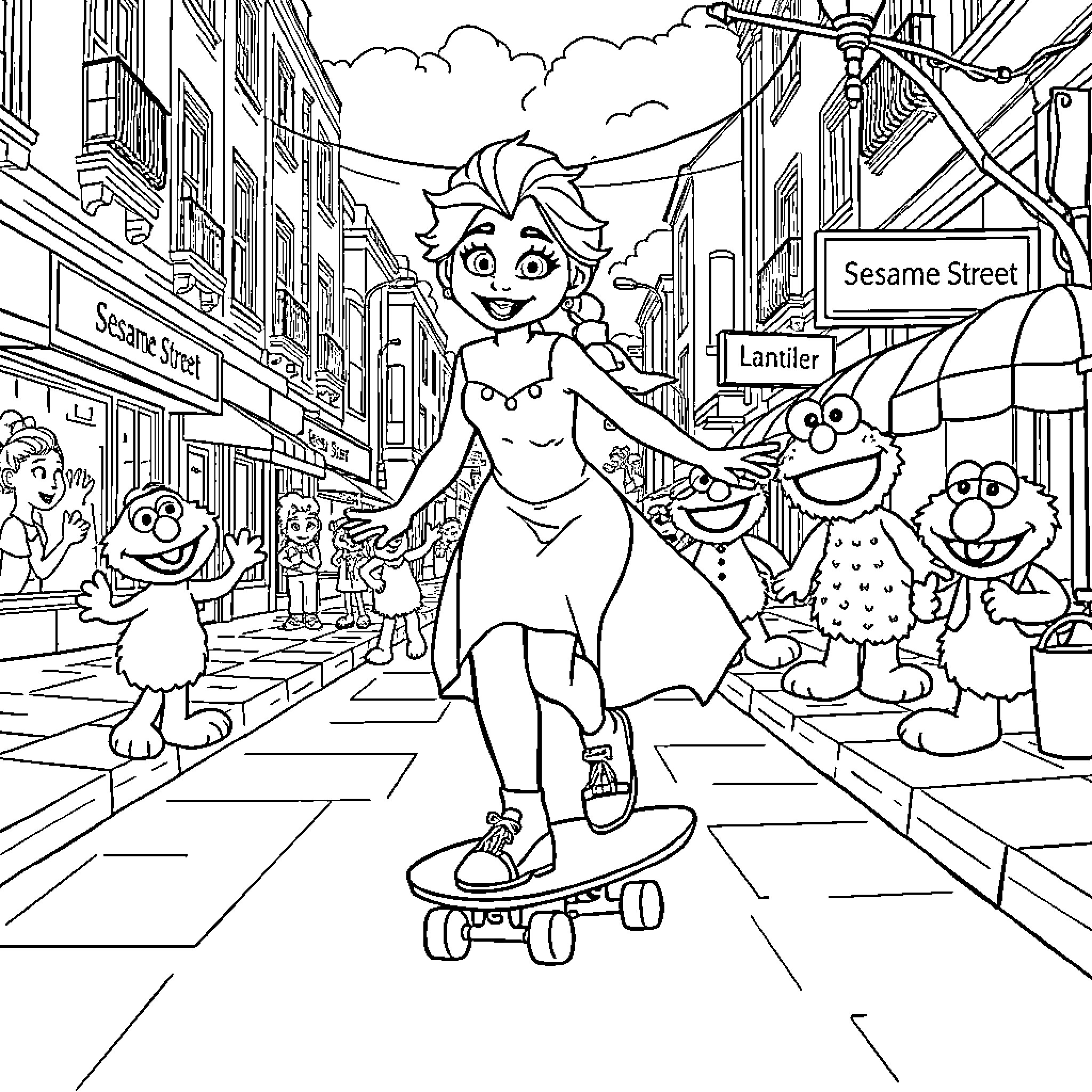 Elsa's Skateboarding Adventure on Sesame Street Coloring Page (free black-and-white line drawing printable PDF for all, from beginners to advanced learners, including children, teens, adults, and seniors)