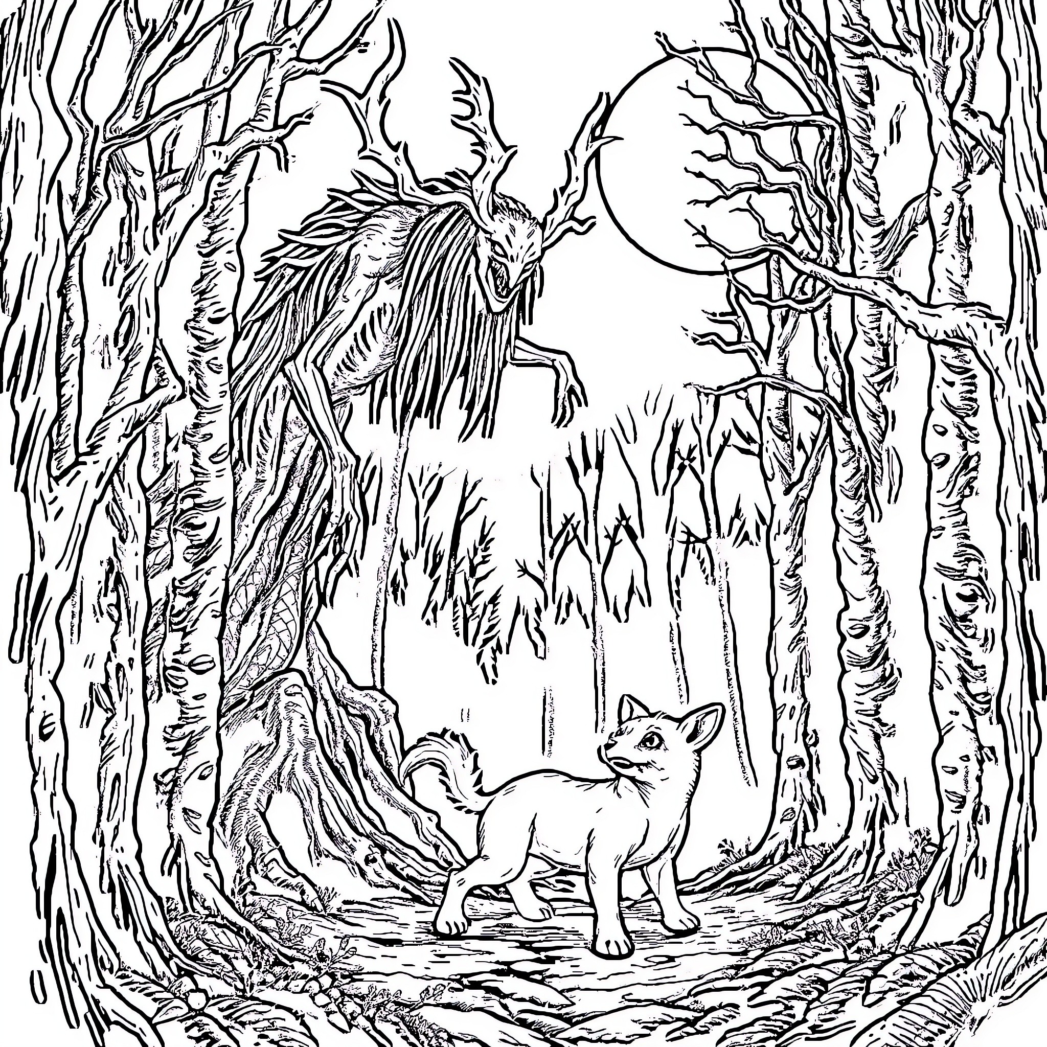 Sirenhead lurking in the eerie forest at night Coloring Page (free black-and-white line drawing printable PDF for all, from beginners to advanced learners, including children, teens, adults, and seniors)