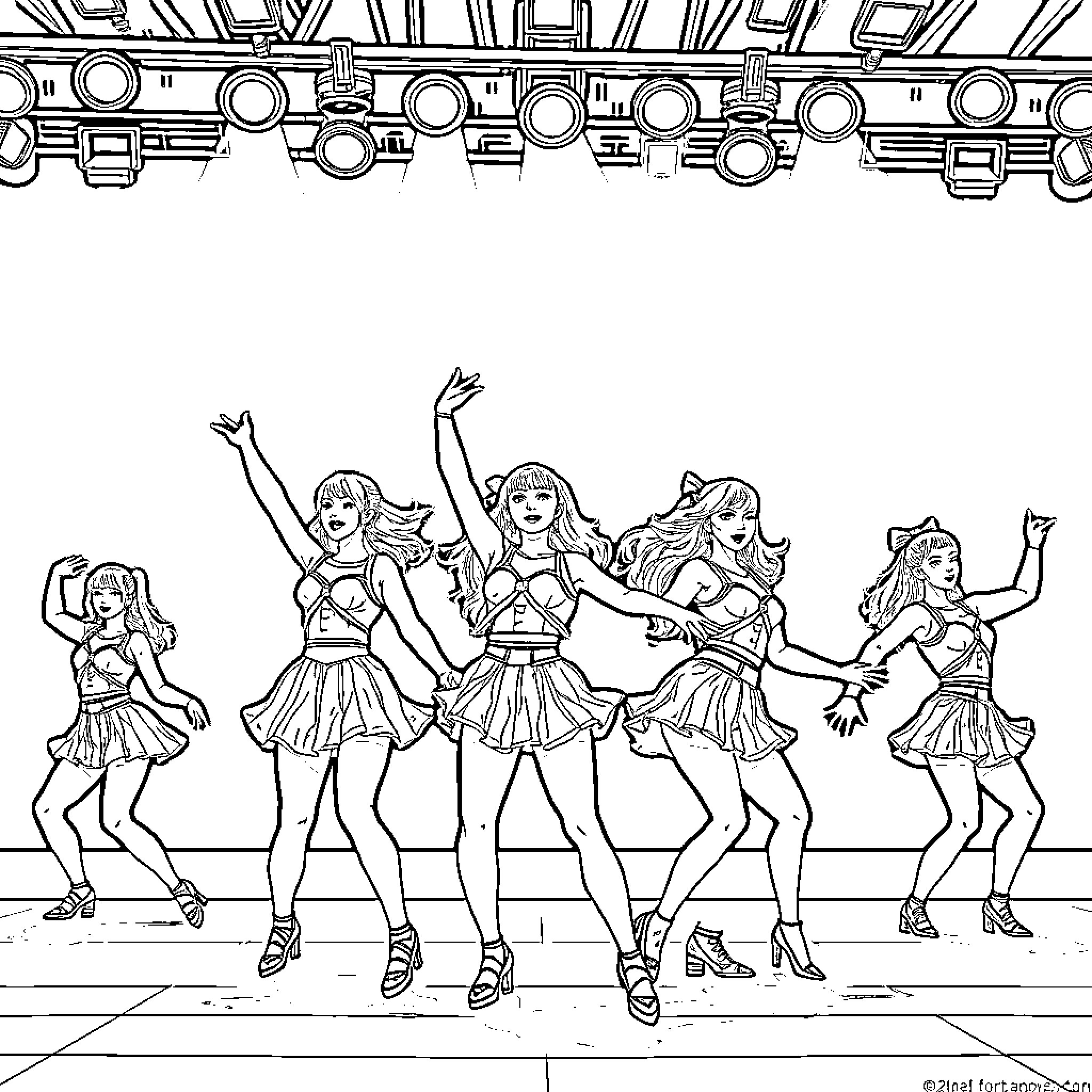 K Pop Warrior Dance Troupe Performing Energetic Routine Coloring Page (free black-and-white line drawing printable PDF for all, from beginners to advanced learners, including children, teens, adults, and seniors)