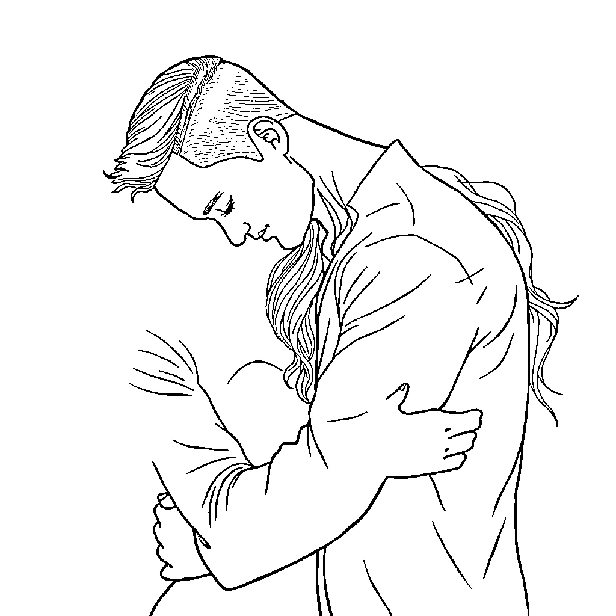 Couple embracing tenderly in intimate moment Coloring Page (free black-and-white line drawing printable PDF for all, from beginners to advanced learners, including children, teens, adults, and seniors)