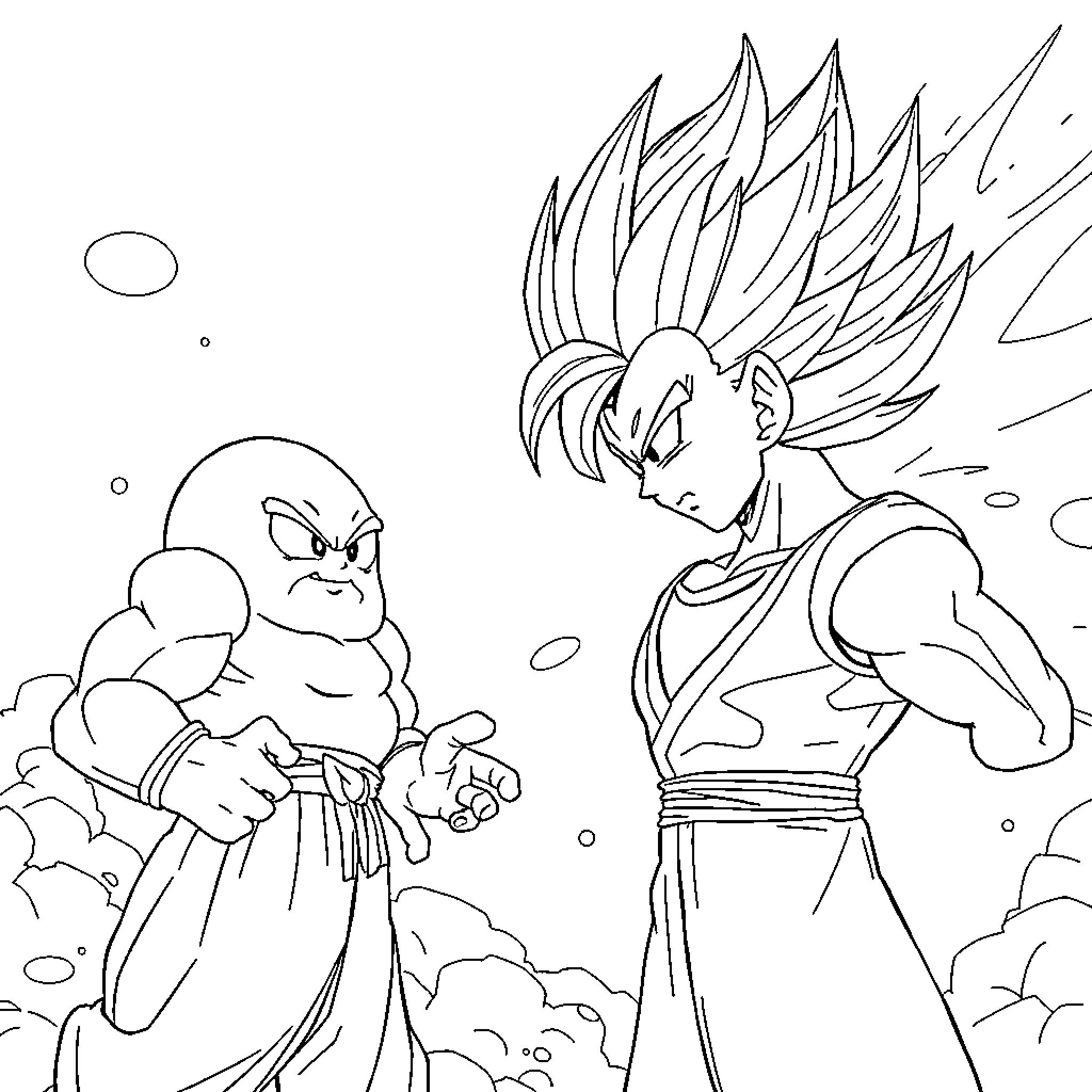 Vegeta's Intense Confrontation with Powerful Opponent Coloring Page (free black-and-white line drawing printable PDF for all, from beginners to advanced learners, including children, teens, adults, and seniors)