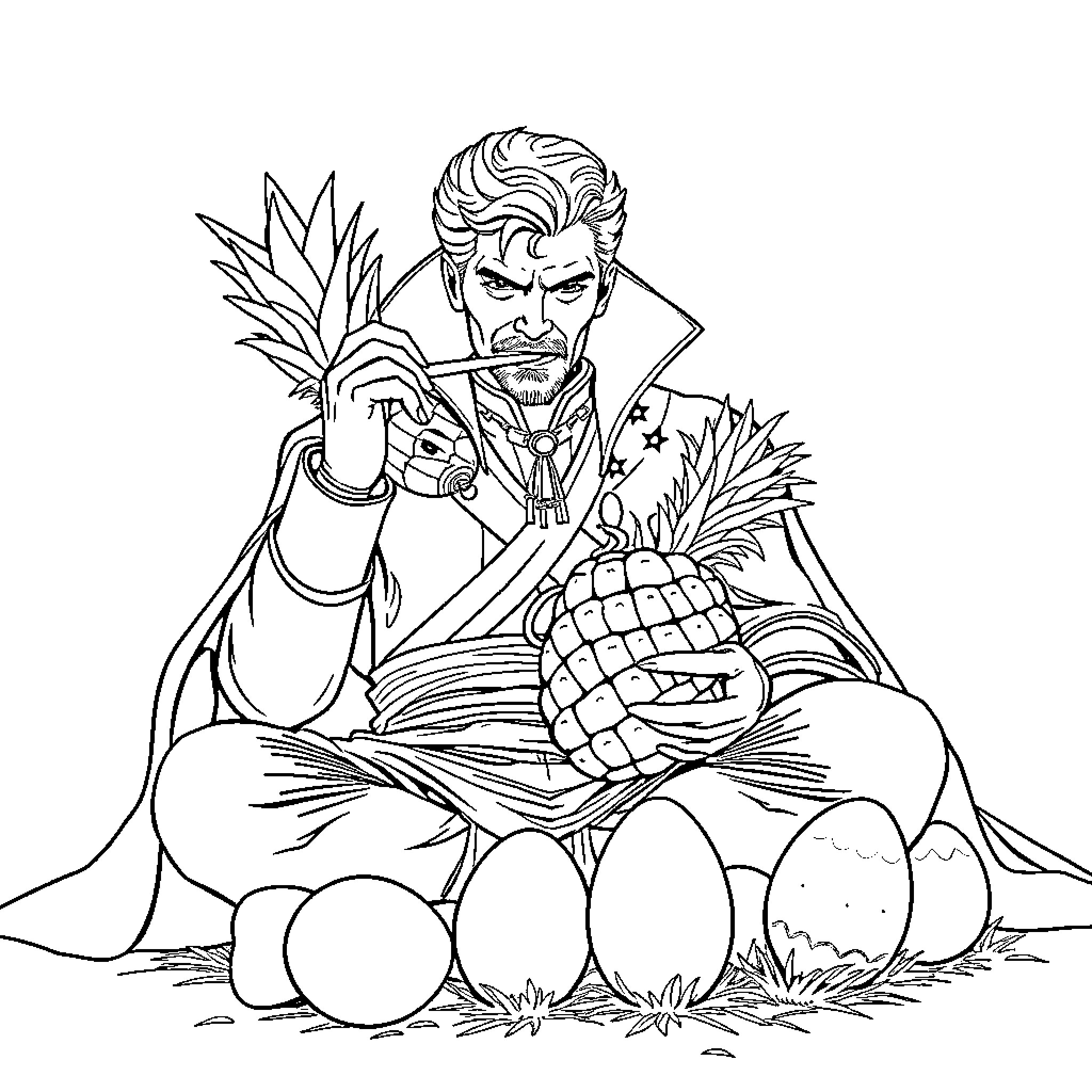 Doctor Strange with Magical Fruits and Eggs Coloring Page (free black-and-white line drawing printable PDF for all, from beginners to advanced learners, including children, teens, adults, and seniors)