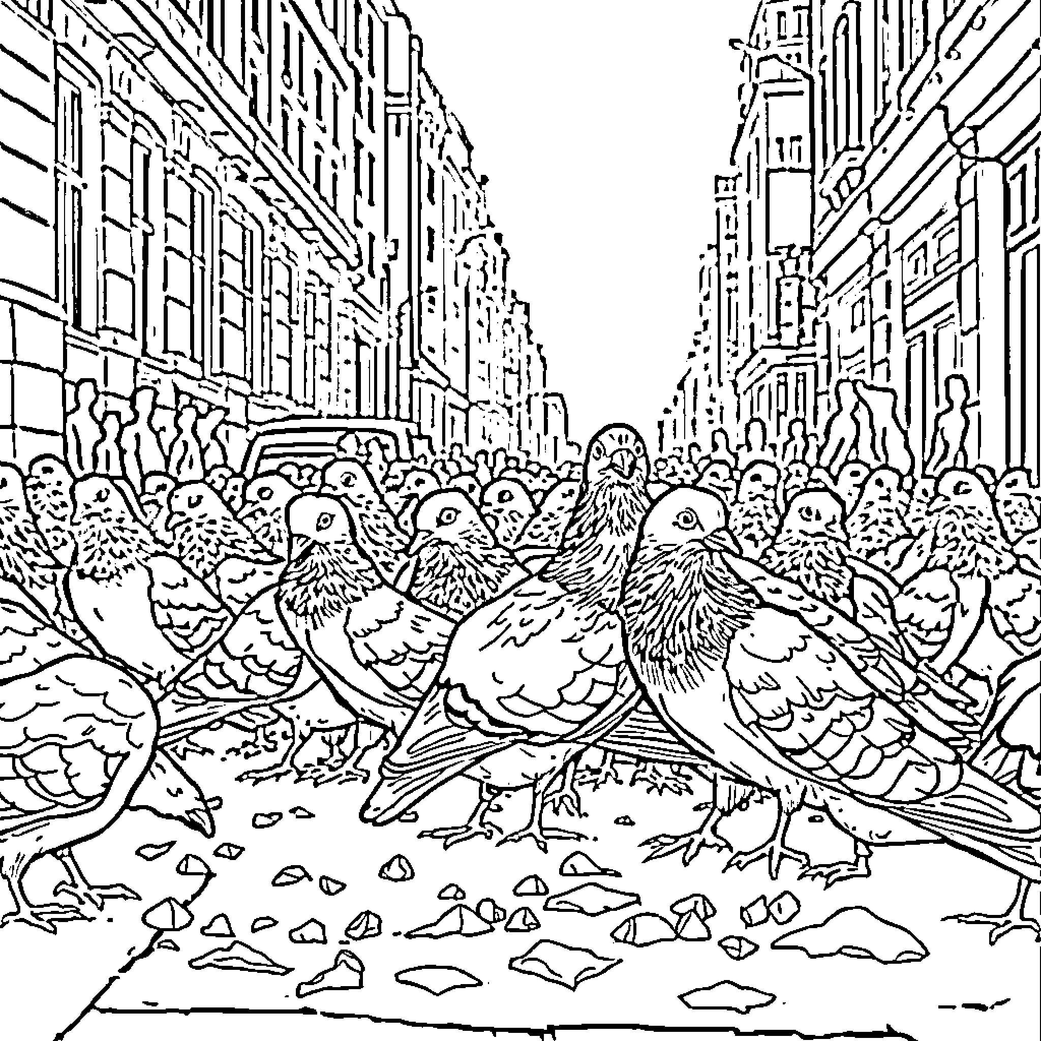 Pigeons congregating in a bustling city street Coloring Page (free black-and-white line drawing printable PDF for all, from beginners to advanced learners, including children, teens, adults, and seniors)