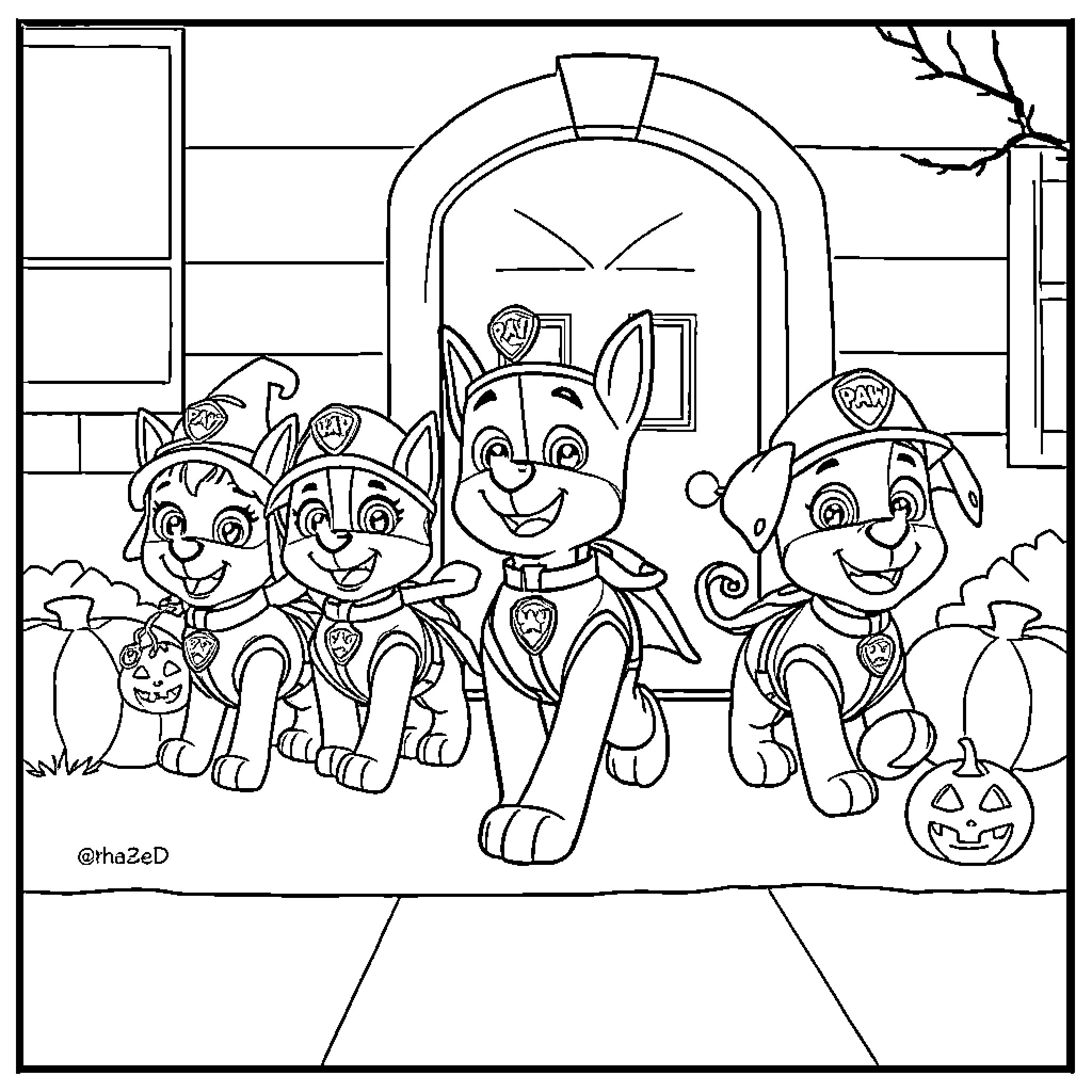 Paw Patrol Trick or Treat Adventure Coloring Page (free black-and-white line drawing printable PDF for all, from beginners to advanced learners, including children, teens, adults, and seniors)